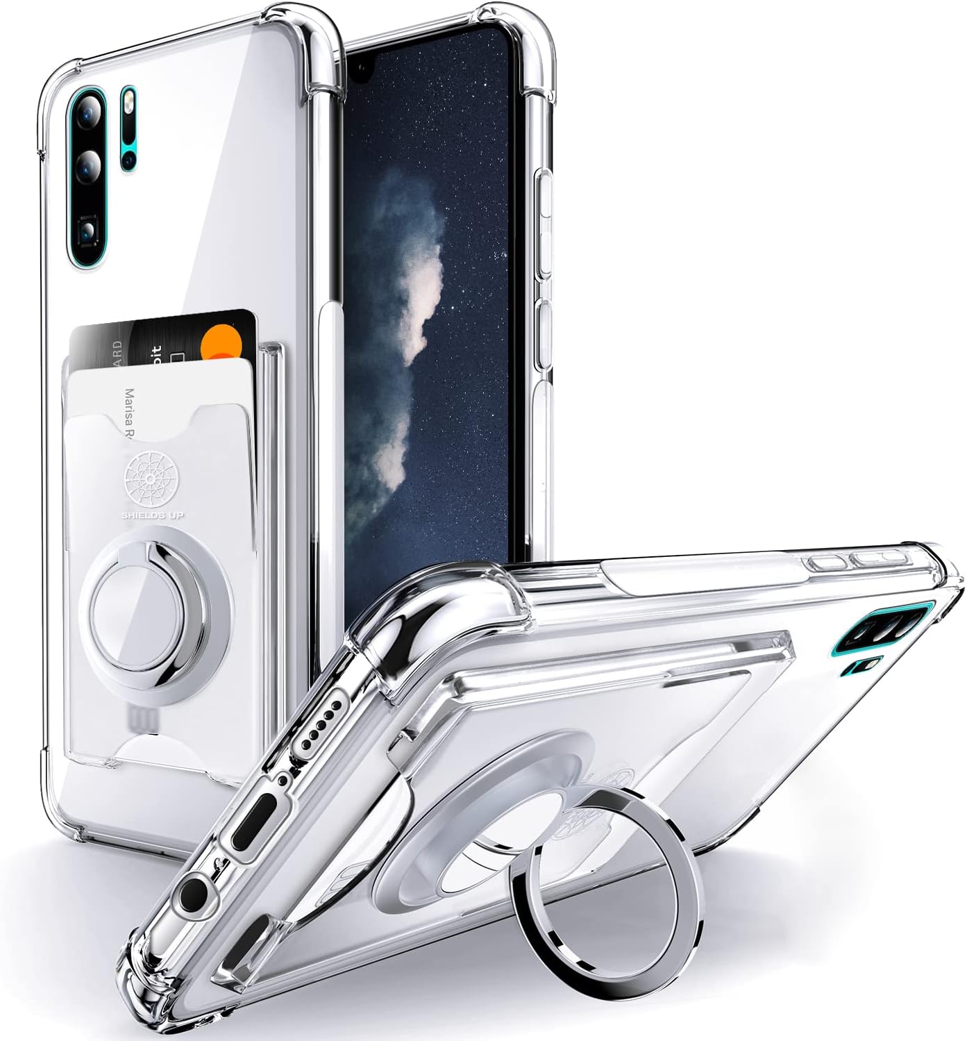 SHIELDS UP Designed for Huawei P30 Pro Case, Huawei P30 Pro Minimalist Wallet Case with Ring Kickstand and Card Holder, Transparent Slim Shockproof TPU Bumper Cover for Huawei P30 Pro - Clear