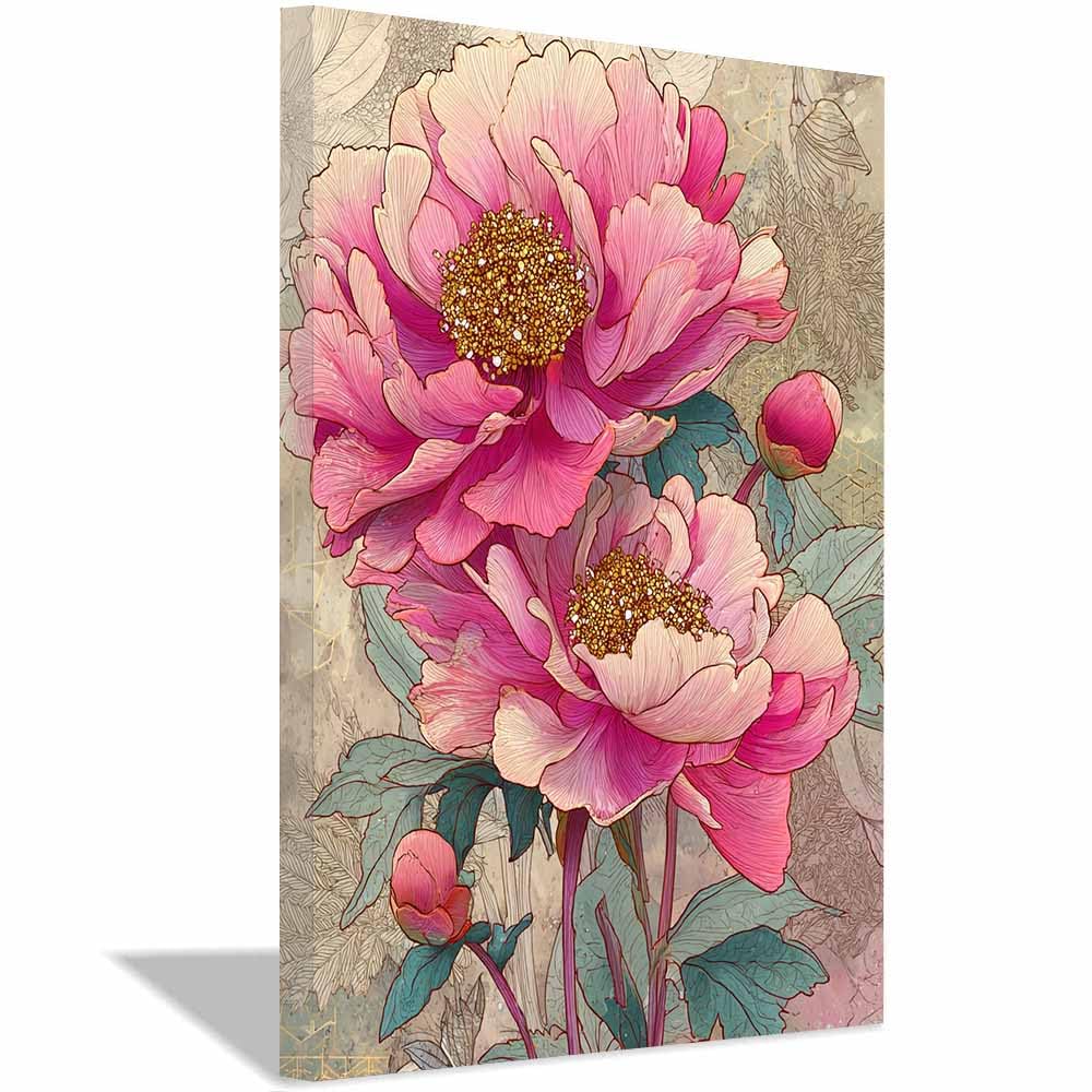 Hoqiu Multicolor Botanical Prints Pink Peony Gold Art Artwork, Wall Decoration Living Room Bedroom Hallway Stairs Decoration.(Multicolor)-30X40cm Framed