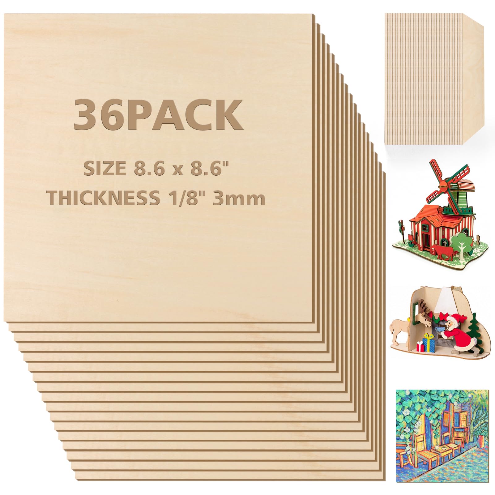 36Pack Basswood Sheets 1/8, 3mm Plywood Basswood Sheets for Laser Cutting, 8.6 x 8.6in Square Unfinished Wood Board for Wood Burning & Engraving, Craft Wood Sheets Laser Wood Material