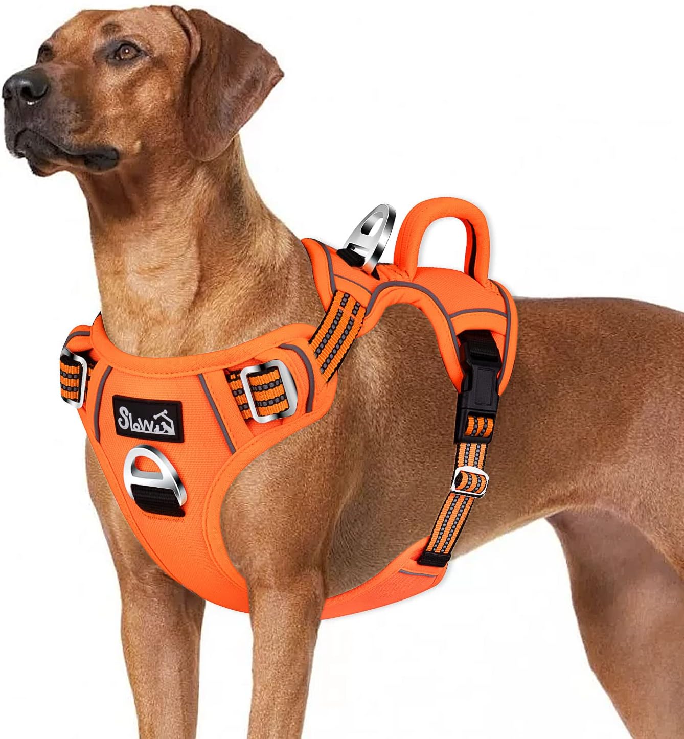 Eyein Arnés de Perros Grande Mediano Pequeño, Ajustable Anti Tirones Arnés Táctico de Entrenamiento para Perro, Reflectante Resistente Transpirable Cómodo Arnés Perro Pecho Fácil Control (XL, Naranja)