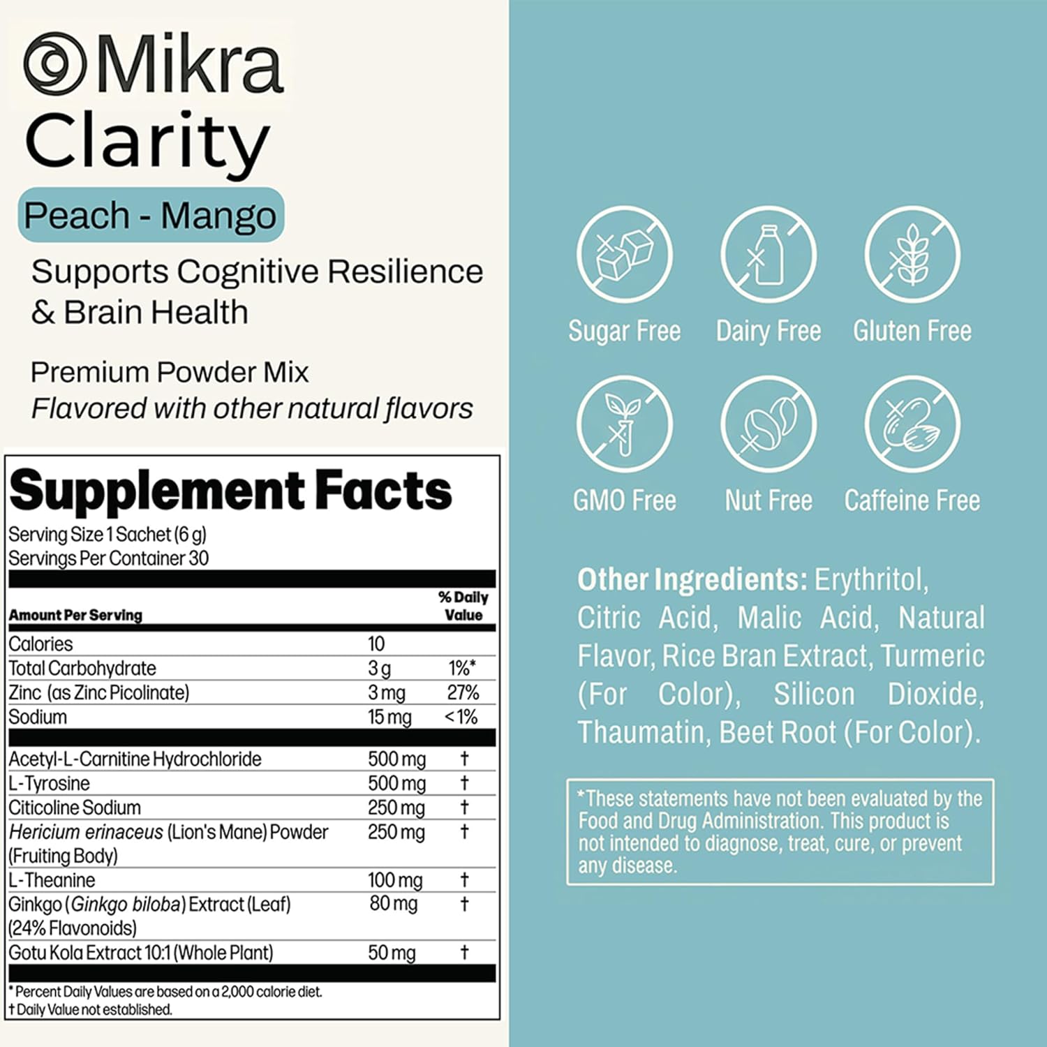 Mikra Clarity Nootropic Focus Drink Mix - Daily Cognitive & Calm Support Formula with Citicoline, Lion’s Mane & L-Theanine - Calm Drink Mix & Focus Aid for Energy and Clarity - 14 Single-Serve Sachets