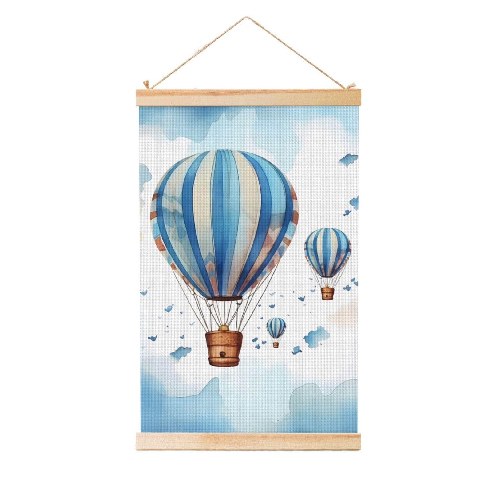 Blue Hot Air Balloon Posters Wooden Shaft Hanging Poster Canvas Prints Scroll Wall Art Painting Vintage Wall Banner Modern Artwork Decor for Home Decor Ready to Hang 12"x18"