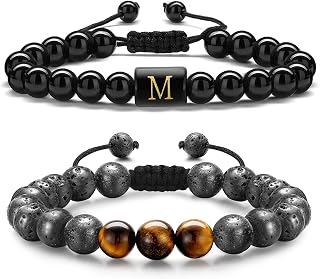 Initial Bracelets for Men - 8mm Tiger Eye Lava Rock Stone Obsidian Beaded Bracelet Handmade Initial Mens Bracelet Personalized Birthday Gifts for Men