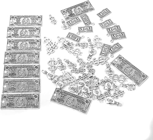 Miniatura 4 de Honbay 60 dijes de aleación con signos de dólar, bolsa de dinero, colgantes de billetes de 100 dólares para aretes, pulseras, collares, joyería (6