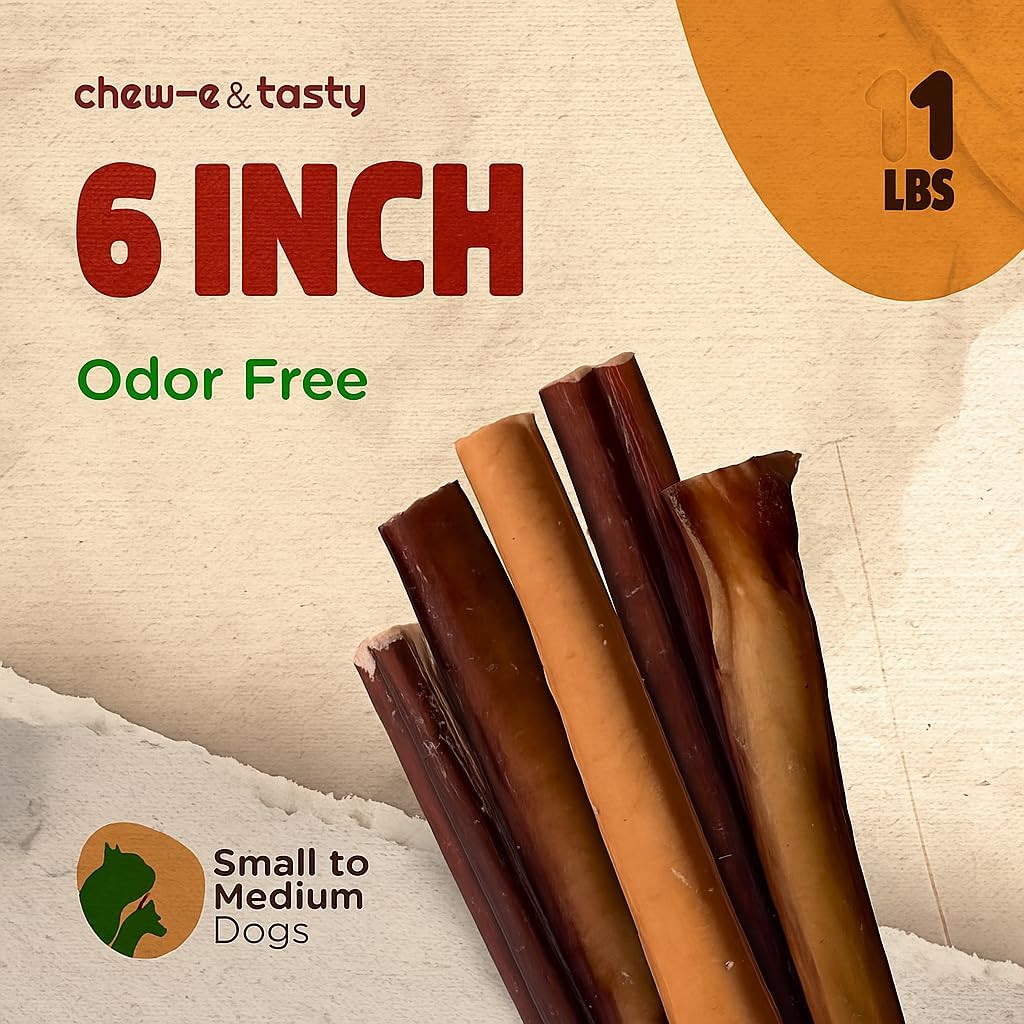 chew-e&tasty Premium Grade 6" Bully Sticks Dog Treats Single Ingredient Long Lasting High Protein 100% Natural Odor Free Grass-Fed Dental Dog Chews - 1LBS (16oz)
