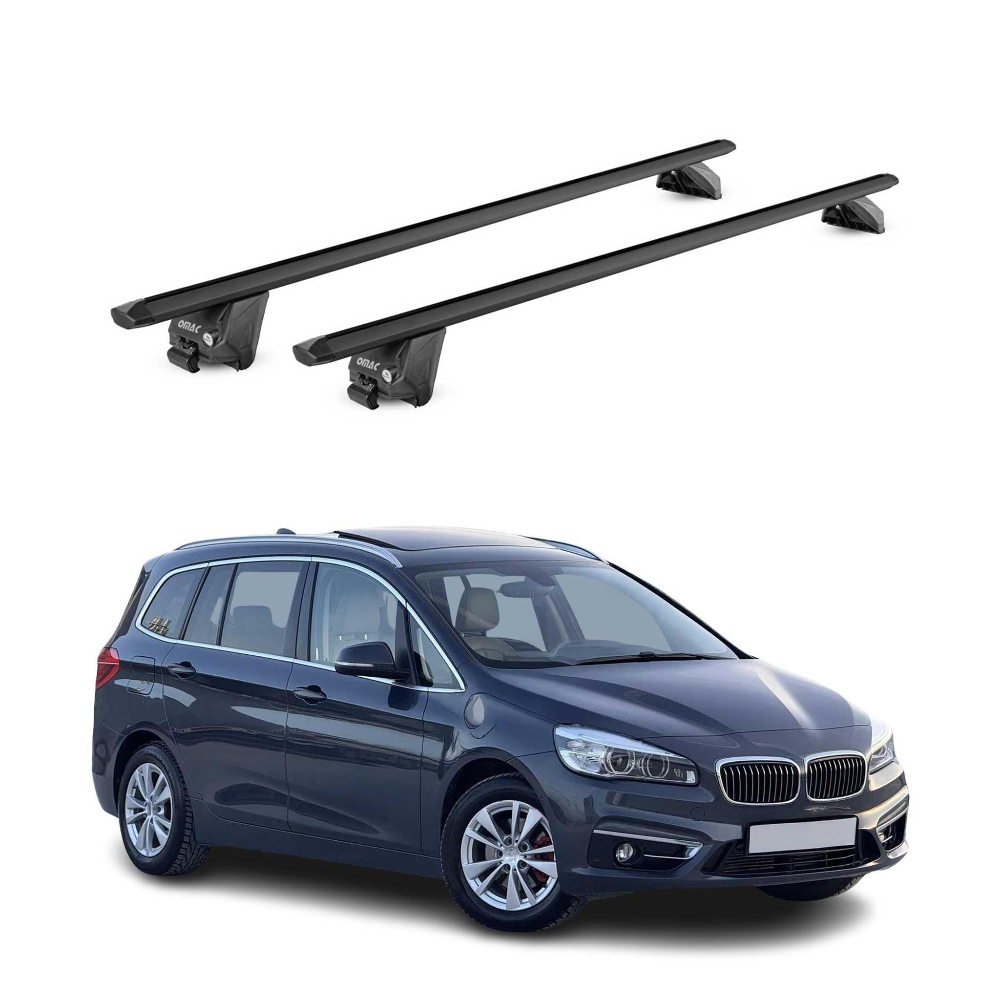 OMAC Barre Portatutto Alluminio TÜV geprüft per BMW 2er Gran Tourer F46 2014-2021 – per Rail Tetto Integrati – T Nut – Max 100 kg – 2 Schlösser Nero