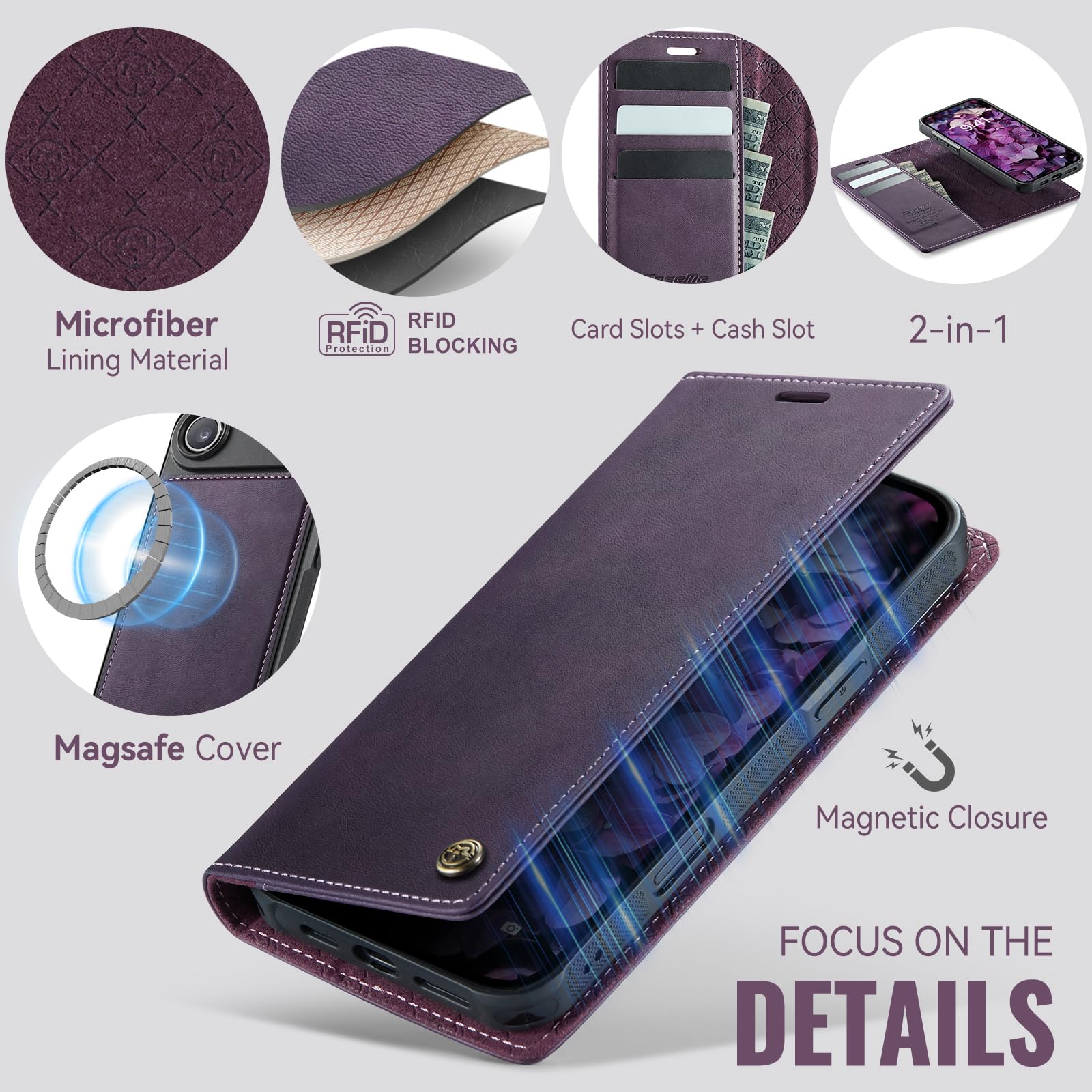 Etui portfelowe na iPhone'a 17 Air z 3 przegródkami na karty i przegródkami na gotówkę, magnetyczne zamknięcie z klapką, odłączany magnetyczny design 2 w 1, kompatybilne z Magsafe - fioletowe