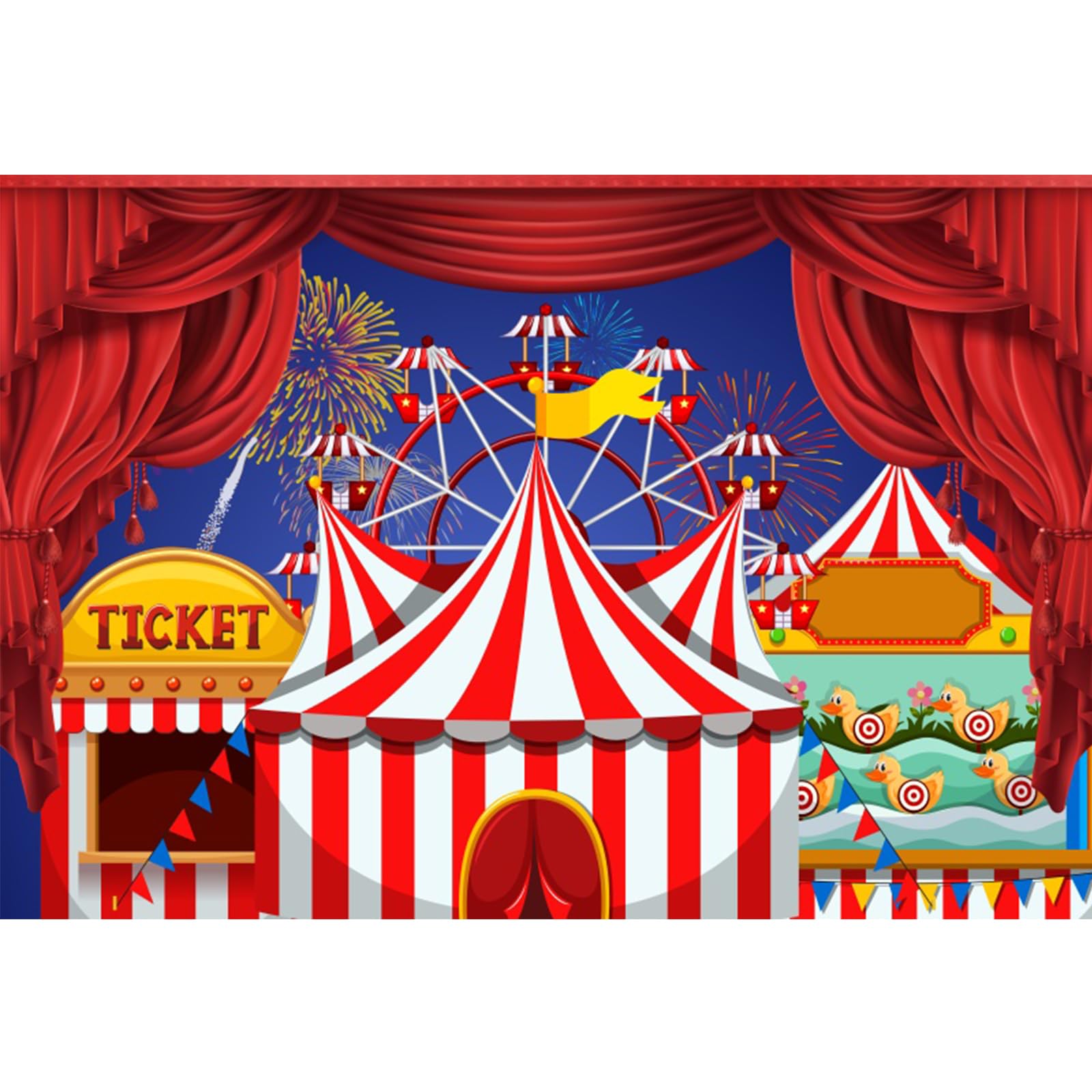 YongFoto Circus Backdrop 10x7ft Red Curtain Tent Night Sky Fireworks Amusement Park Ferris Wheel Photography Background Birthday Carnival Party Banner