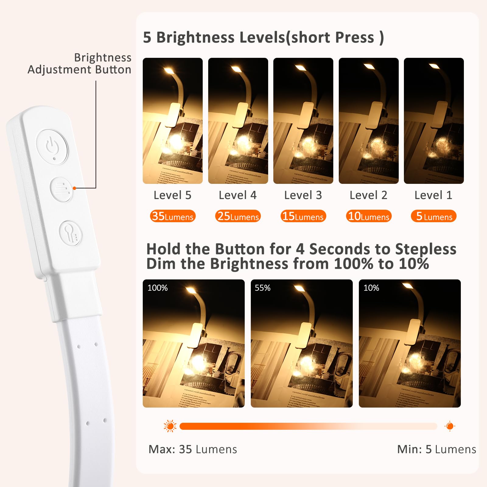 VZZNN 10 luci da lettura a clip, luce ricaricabile con 5 LED, 3 temperature di colore e oscuramento continuo, lampada portatile da letto (bianco)