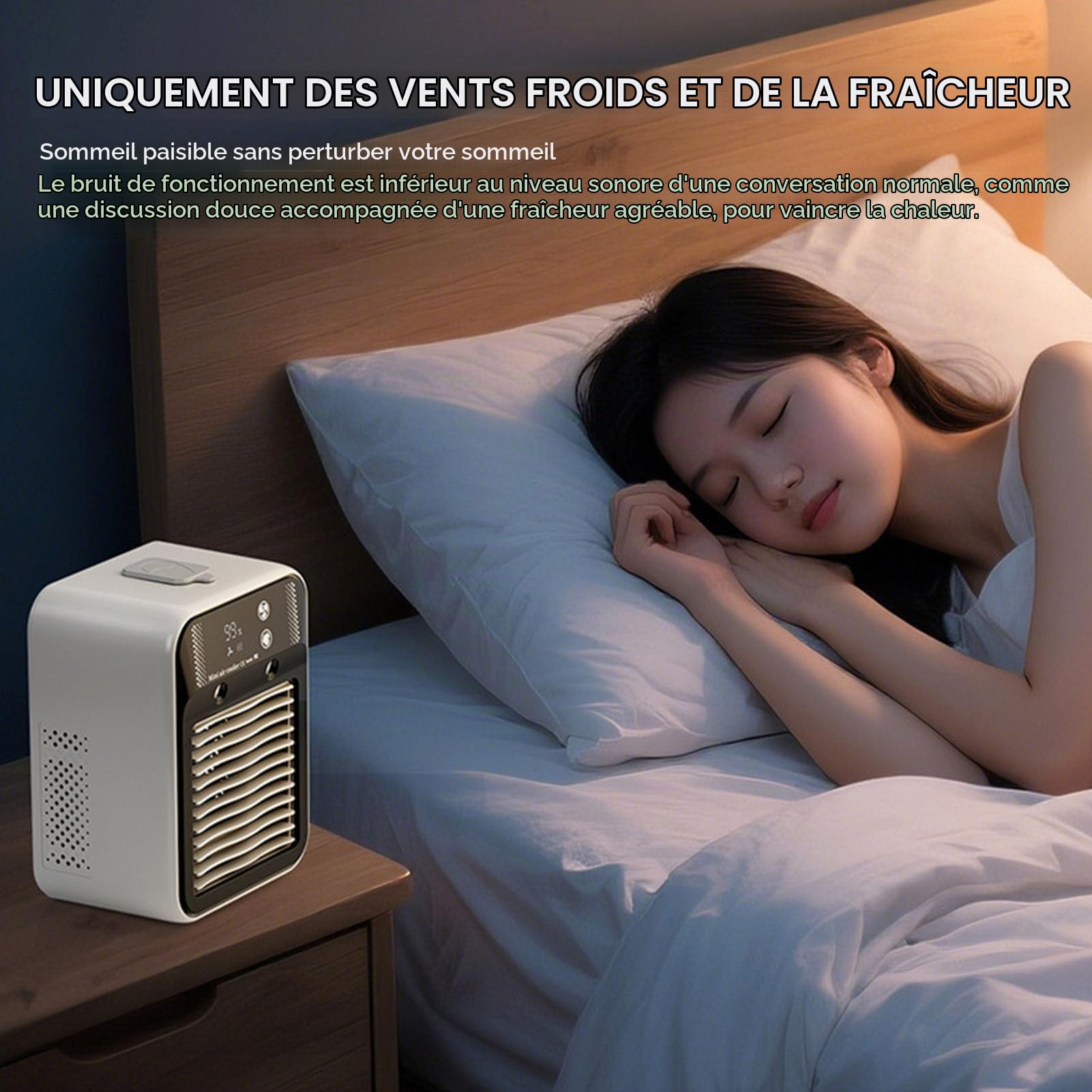 Mini Rafraîchisseur d’Air Bureau USB Rechargeable avec Brume | Batterie 3000mAh, brumisation, affichage digital, poignée, 2 modes d’air, moins de 55dB, format compact.