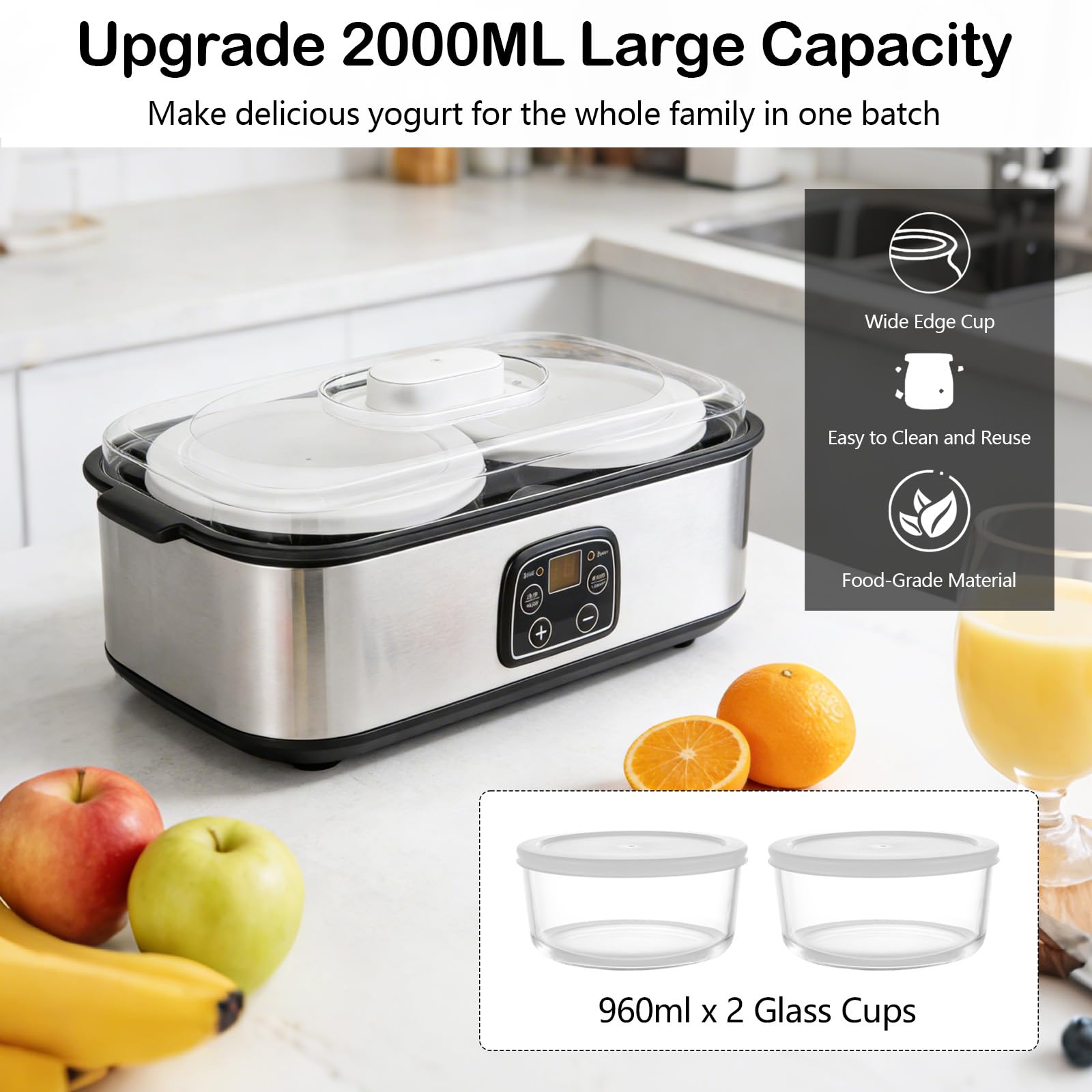 Joghurtbereiter 2L, Joghurt Machine, Digitale Joghurtmaschine aus Edelstahl, Automatischer Joghurt Maker für DIY selbstgemachten Joghurt, Käse oder Natto zu Hause (2 x 1L Gläsern)