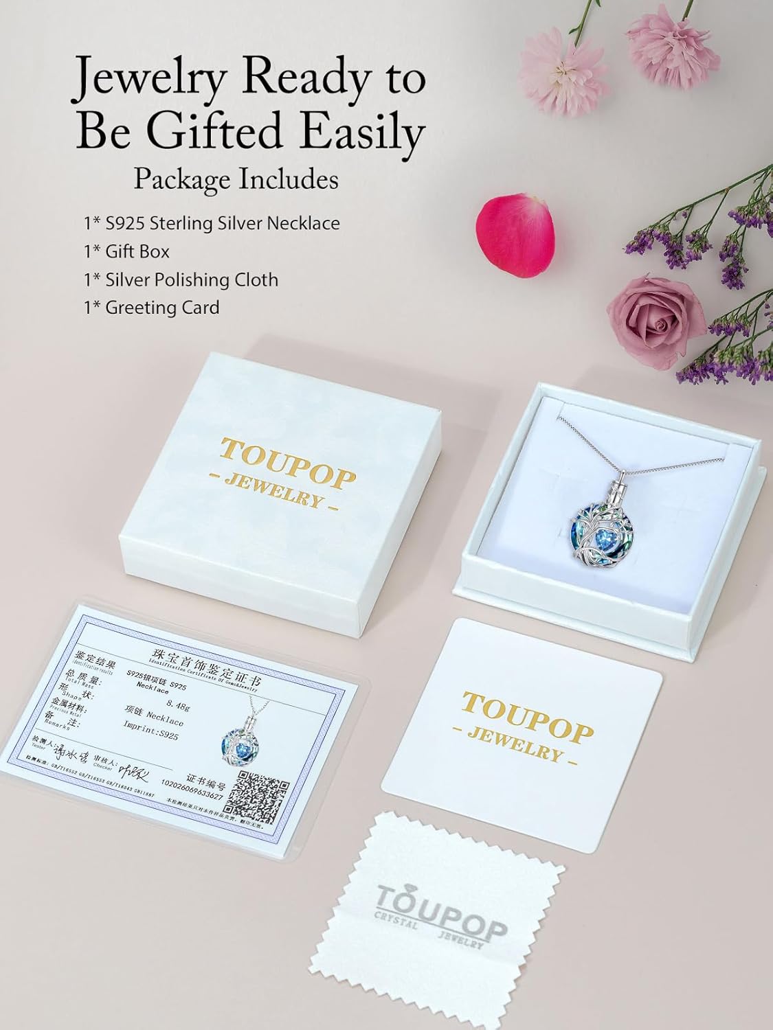 TOUPOP Tree of Life Urn Necklaces for Ashes Birthstone Cremation Jewelry 925 Sterling Silver Crystal Memorial Keepsake Funeral Jewelry for Women (with Funnel Filler) - Image 7