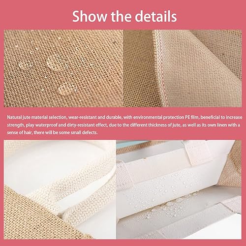 Miniatura 3 de kaxilu Bolsa de yute blanca de arpillera de 14.5 x 10.7 x 6.5 pulgadas, 6 bolsas frontales de lona, decoración práctica, bolso retro de mano, boda