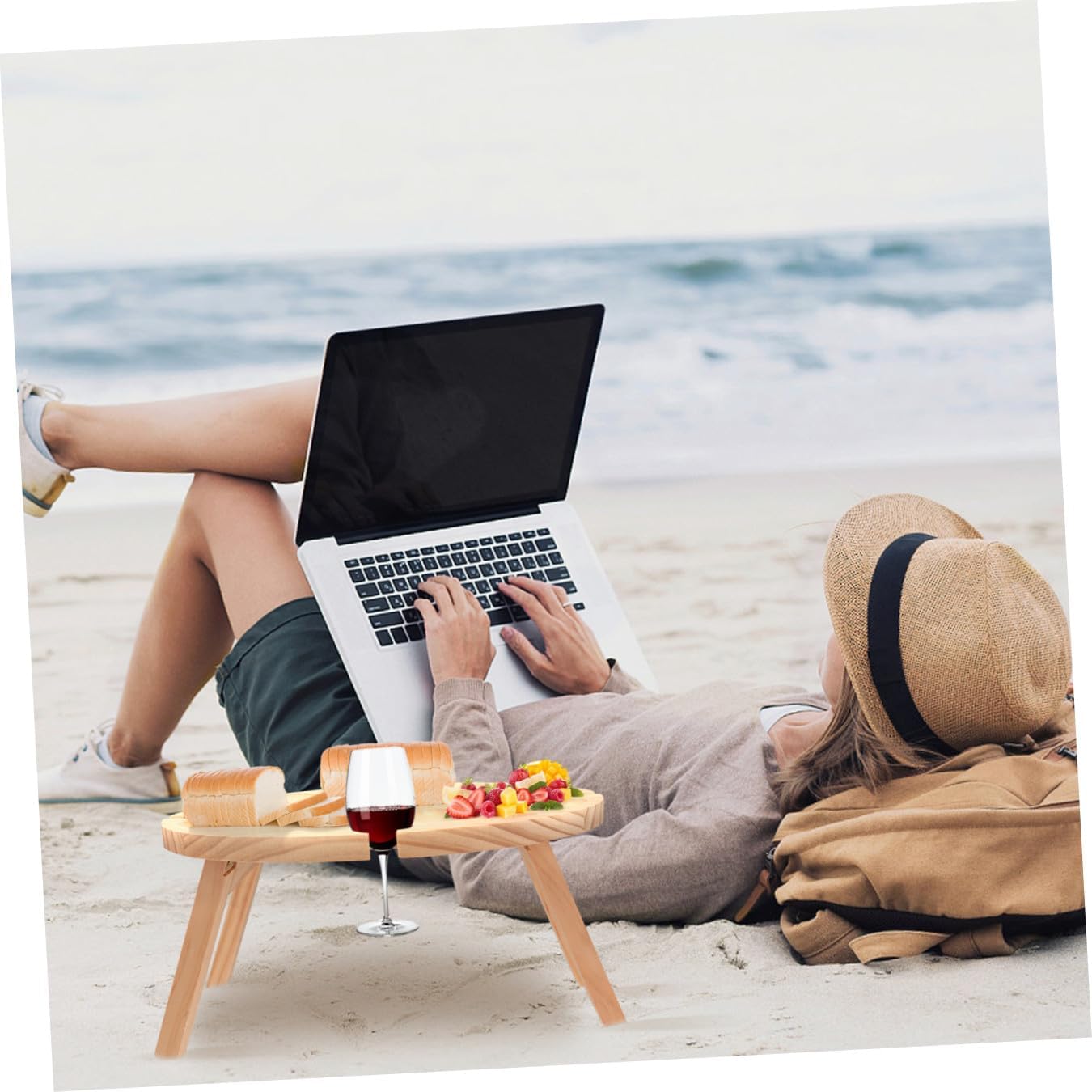 1Pc Picnic Snack Table Collapsible Outdoor Wine Table for Parties Camping and Beach Lightweight Khaki Design for and Setup