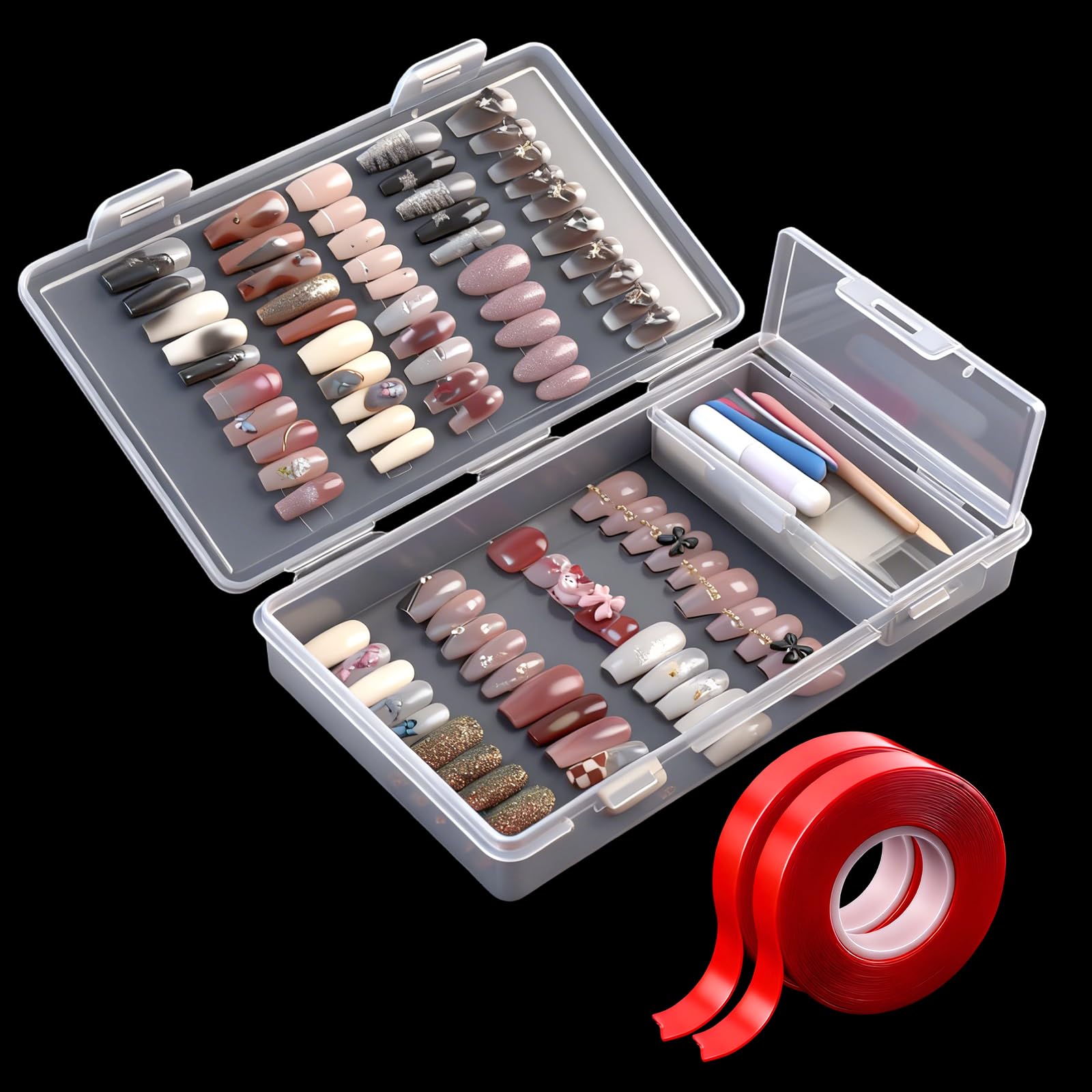 BQAN Press on Nails Storage Box，Clear Press on Nails Packaging Set with 2pcs Double-sided Adhesive Tape and Small Nail Tool Container, Nail Organizer & Display Storage Box