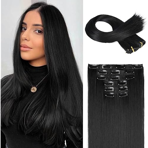 FLUFYMOOZ 6PC Clip in Hair Extensions 24" Straight Long Extensions for Women Synthetic Hairpiece (Natural Black)