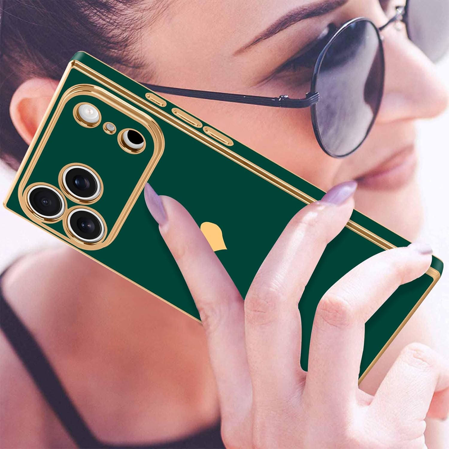 for iPhone 17 Pro Case Rectangle for Women Girls Cute Love Heart Pattern Luxury Plating Gold Shockproof Raised Full Camera Lens Protection Cover Phone Case for iPhone 17 Pro, Green - Image 8