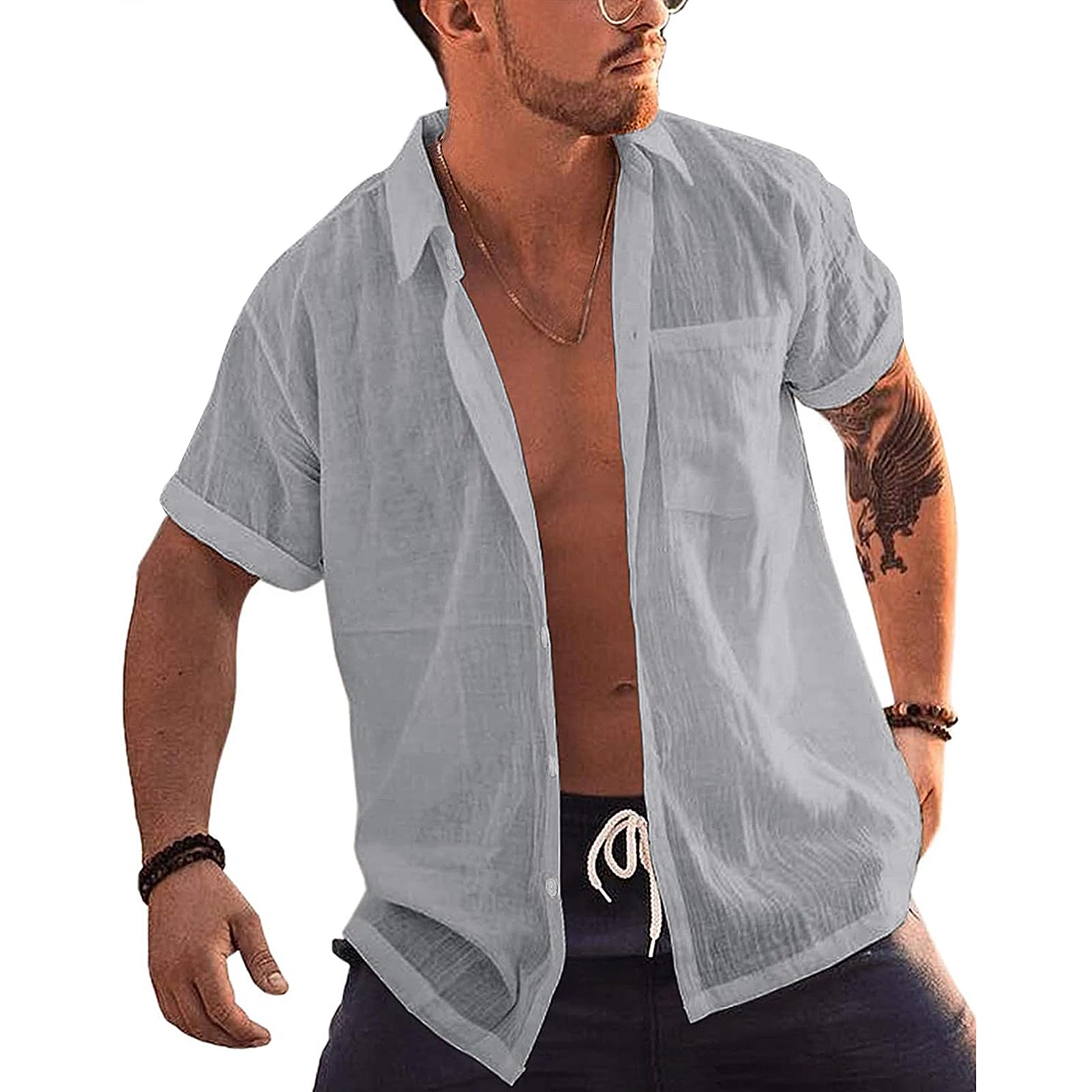 Mens Short Sleeve Cotton Linen Shirt Cuban Beach Summer Hawaiian Shirts