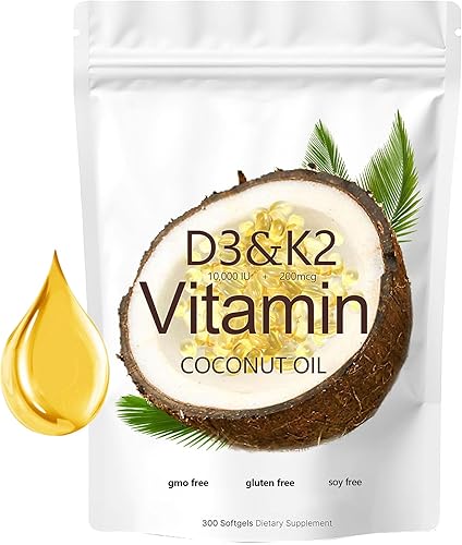 D3 K2 Vitamina 10000 UI con 200 mcg de vitamina K2 (MK-7), reponer vitamina D3 K2 aceite de coco cápsulas blandas 300 geles