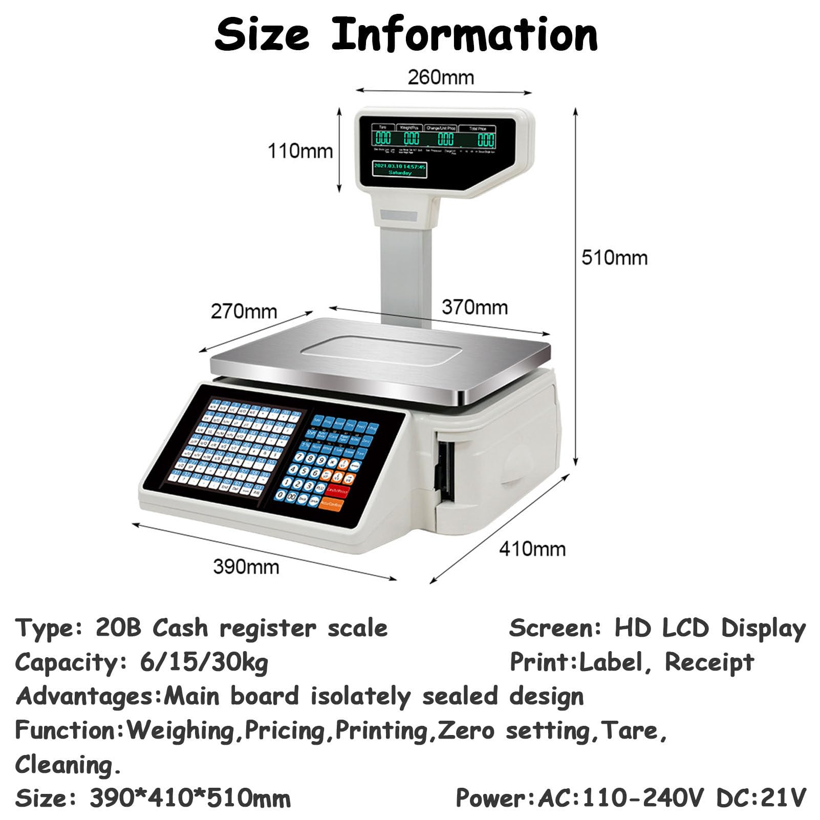LYDZUSDP Electronic Price Computing Scale Label Printing Scale,Commercial Digital Price Food Scale with Thermal Label Printer and Double-Sided Display Screen