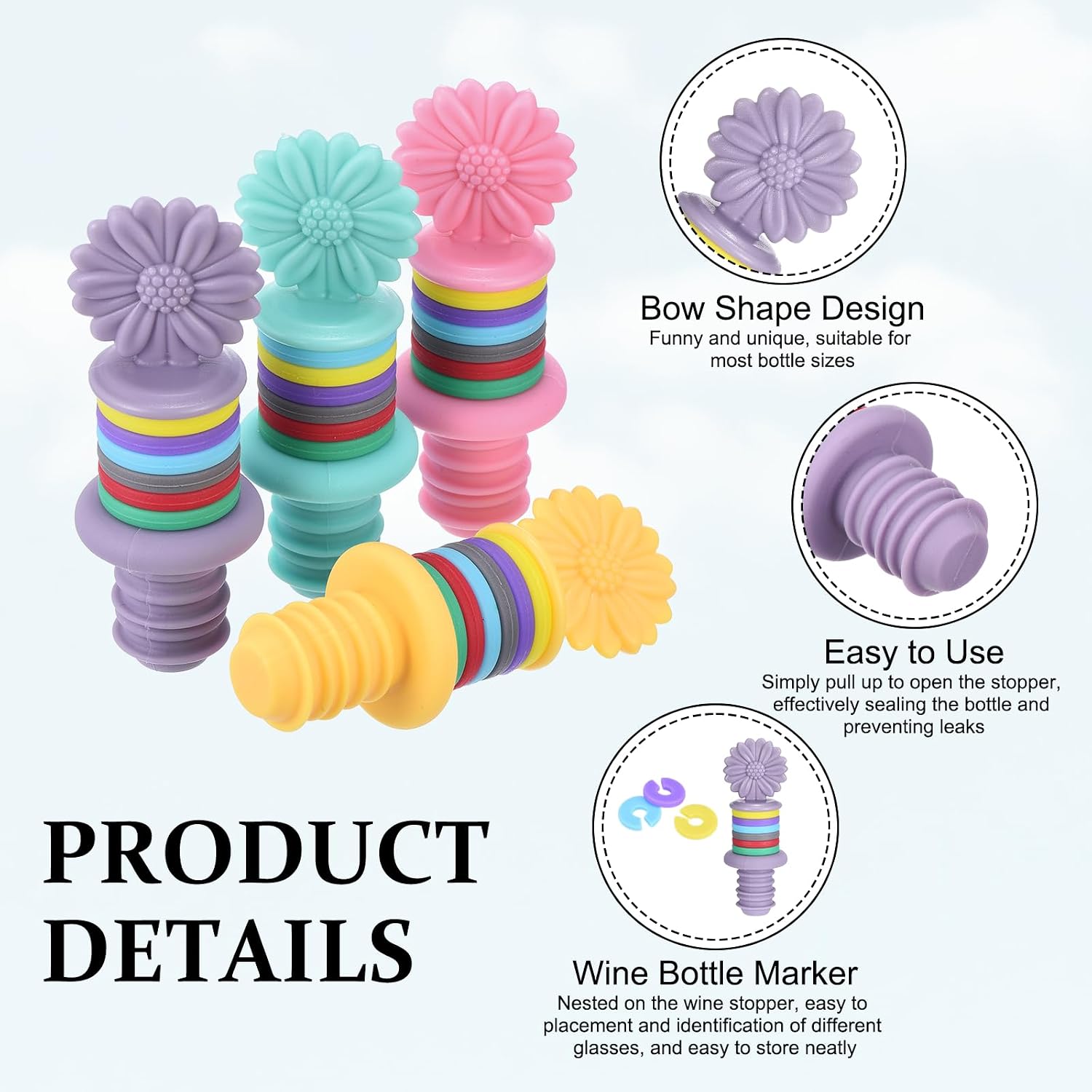 uxcell 2Pcs Silicone Wine Stopper, Sunflower Shape Funny Wine Stopper with Glasses Marker Reusable Airtight Leak-proof Bottle Plug Liquor Saver for Beer Beverage Bottle Bar Party, Purple image 3