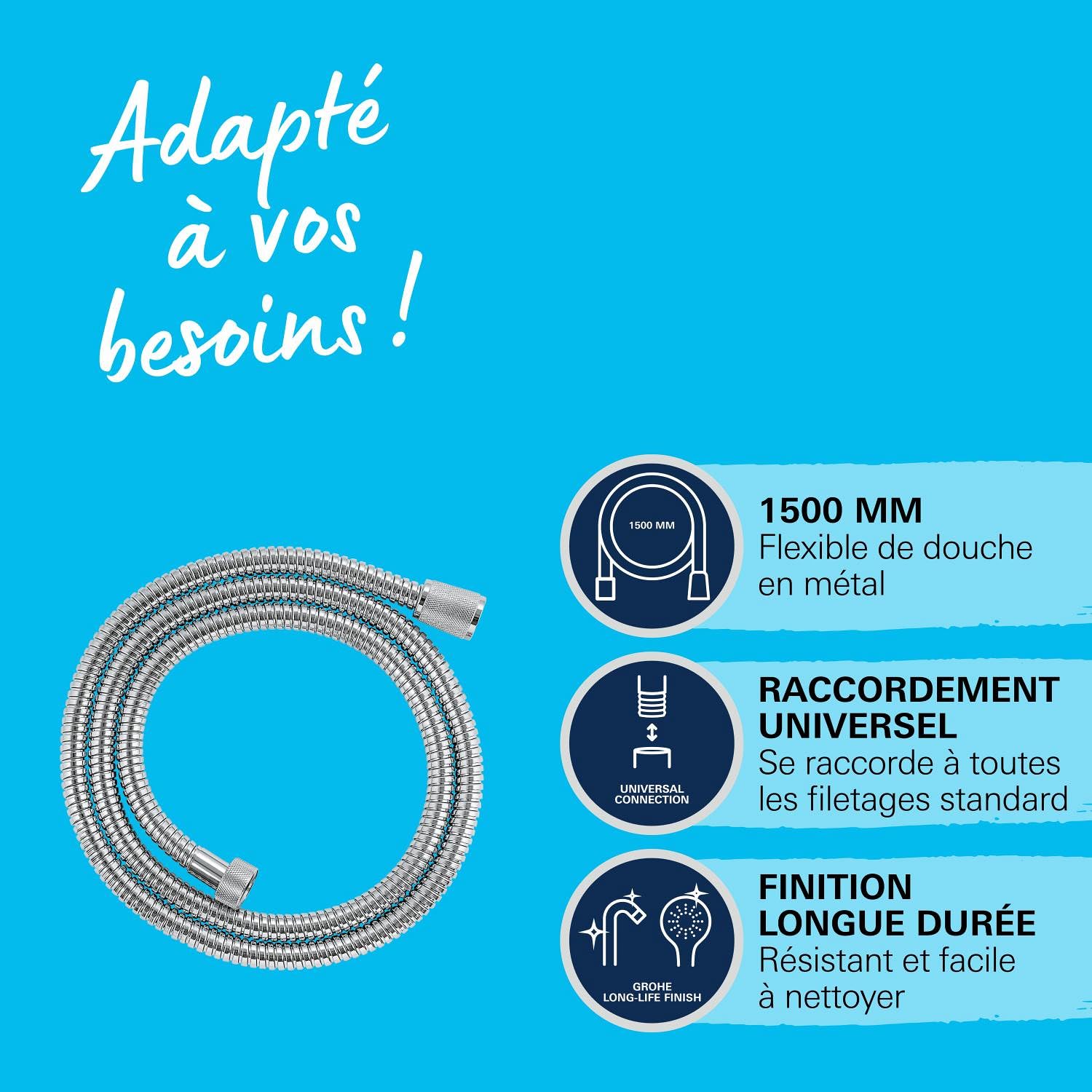 GROHE Flexible tuyau de douche salle de bains VitalioFlex métallique, tuyau de douche 1500mm, anti-pliures, finition brillante, raccord fileté universel 1/2", chromé, 27502001 (Import Allemagne)