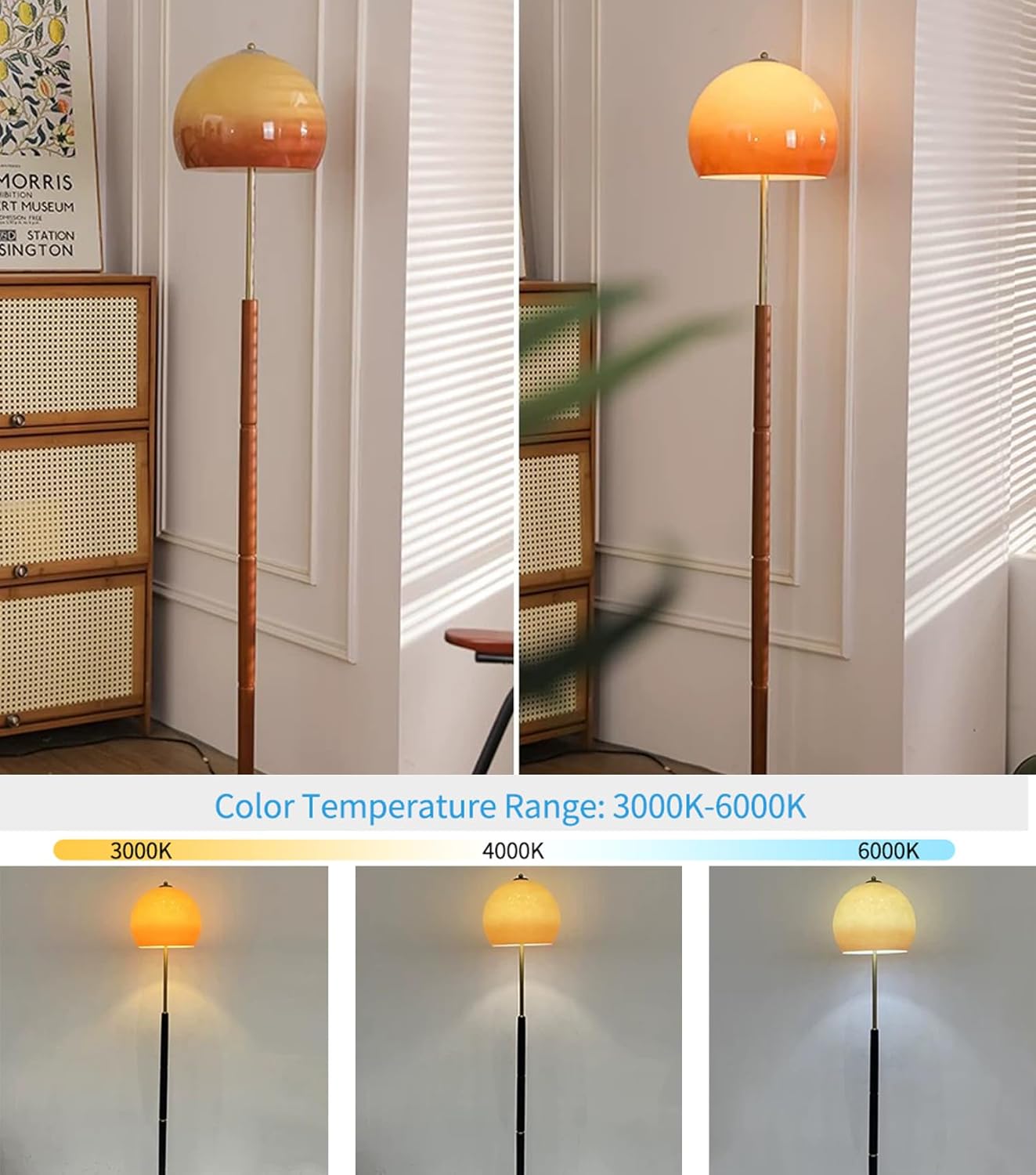 Bofea-Mushroom Floor Lamp,Gold Floor Lamp for Living Room,Vintage Standing Lamps with Orange Glass Shade,Dimmable Reading Lamp,Mid Century Modern Tall Lamps for Bedroom,Office Lighting