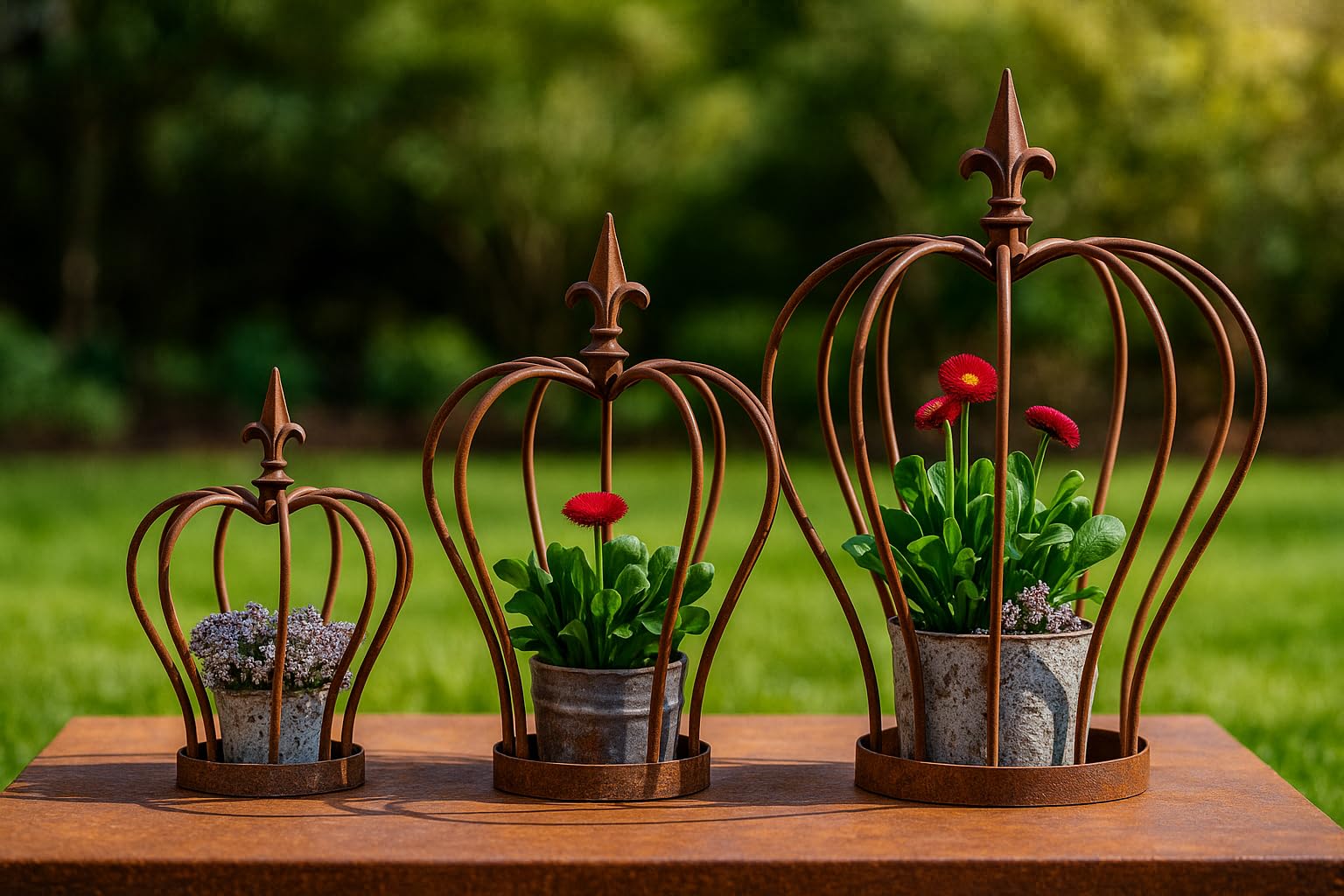Gartenkrone aus Edelrost-Metall, filigran mit Spitze, bepflanzbar (36 x 37 cm) – rustikale Dekokrone für Haus & Garten, ideal als Pflanzenkrone und Gartenornament