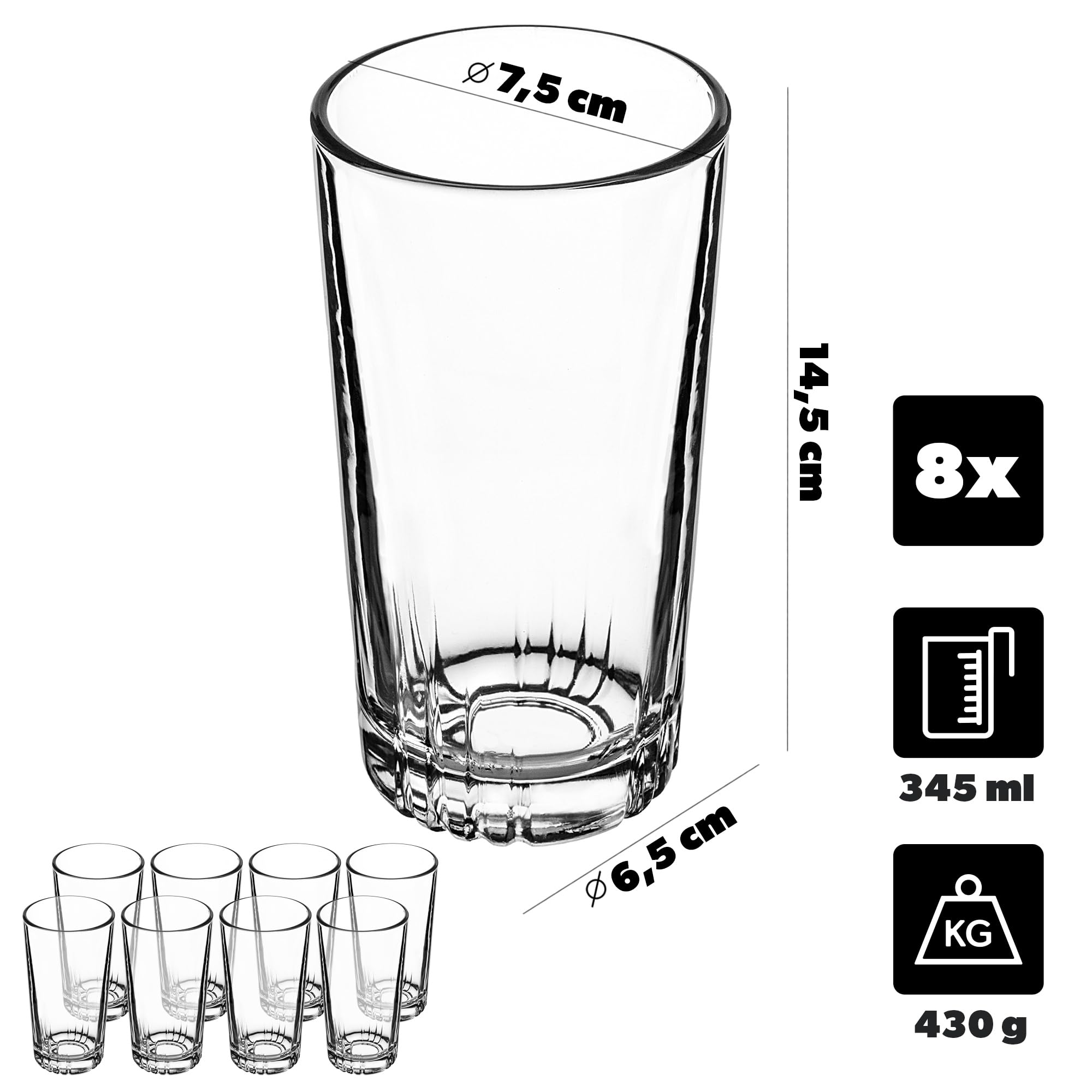 KADAX Bicchieri Long Drink In Vetro 345 Ml - Set Da 8 Pezzi, Fondo Robusto, Ideali Per Cocktail, Acqua, Succhi E Limonate - 5