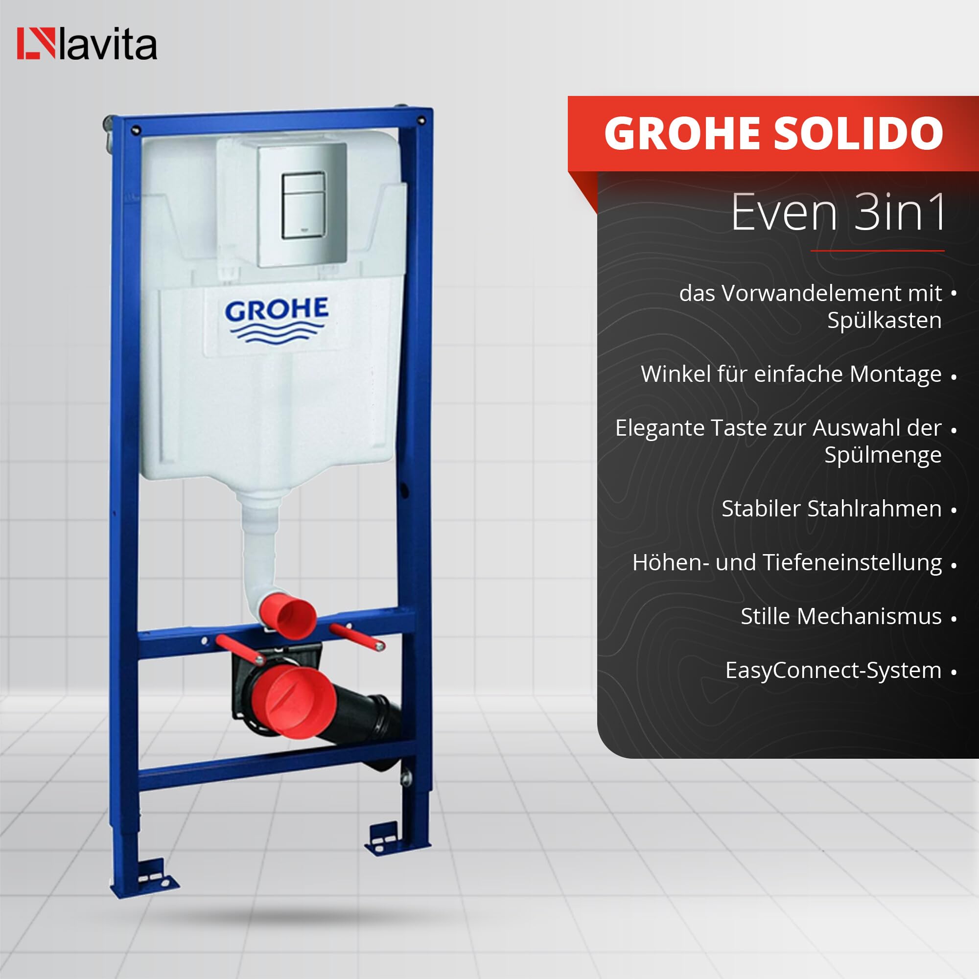 LAVITA Elemento de pared Solido + pared colgante WC Sofi Slim Kresz blanco/azul sin borde + asiento de inodoro SoftClose | Botón cromado | Juego completo | cisterna empotrada | inodoro completo