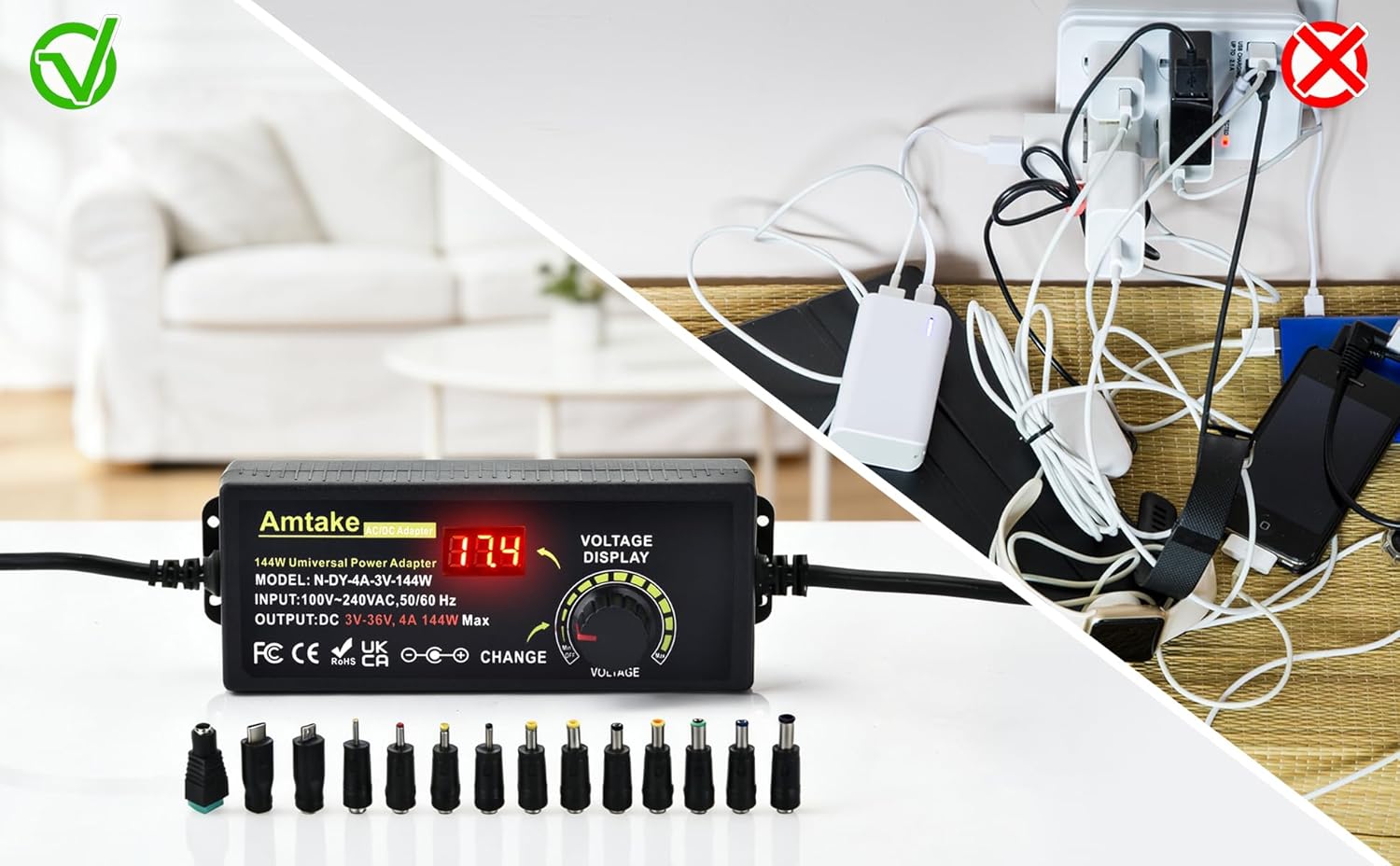 Adjustable Universal Power Supply Adapter 4A 144W Adjustable Variable Switching 3V~36V 3V 5V 12V 24V 30V 36V AC/DC Adapter, AC to DC Converter with 14 Tips, Polarity Converter and Test Lead