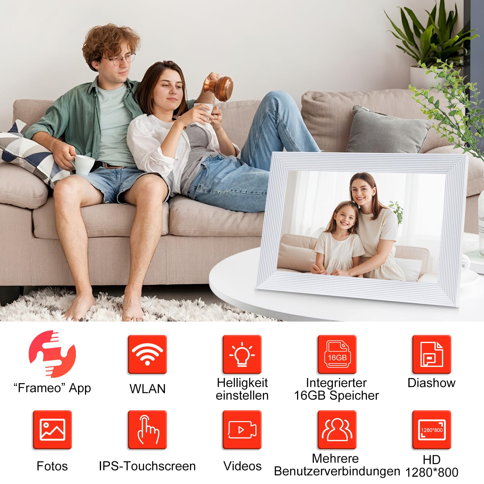 Frameo WLAN Digitaler Bilderrahmen 10.1 Zoll 1280x800 Touchscreen 16 GB Speicher Automatische Drehung Wandmontage weiß