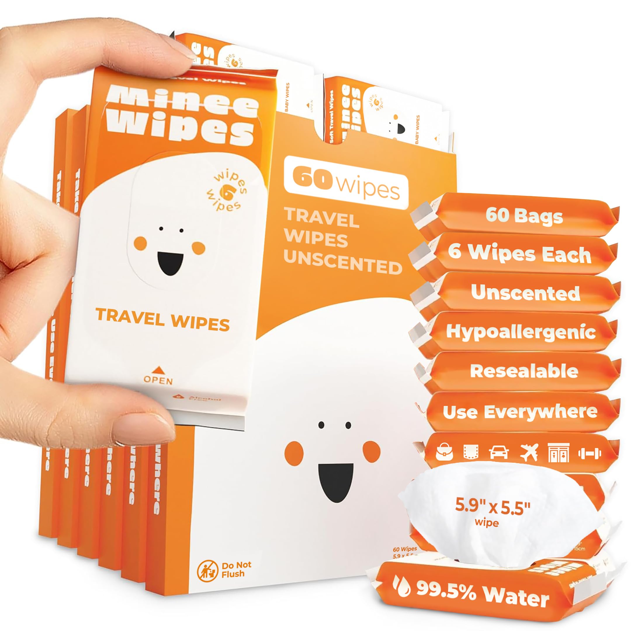 Impossibly Compact Travel Wipes - 99.5% Water - Safe for Sensitive Skin & Hypoallergenic, Resealable, Thick & Durable - For Adults, Kids & Baby Care - Unscented, 60 Pack Total 360 Wipes