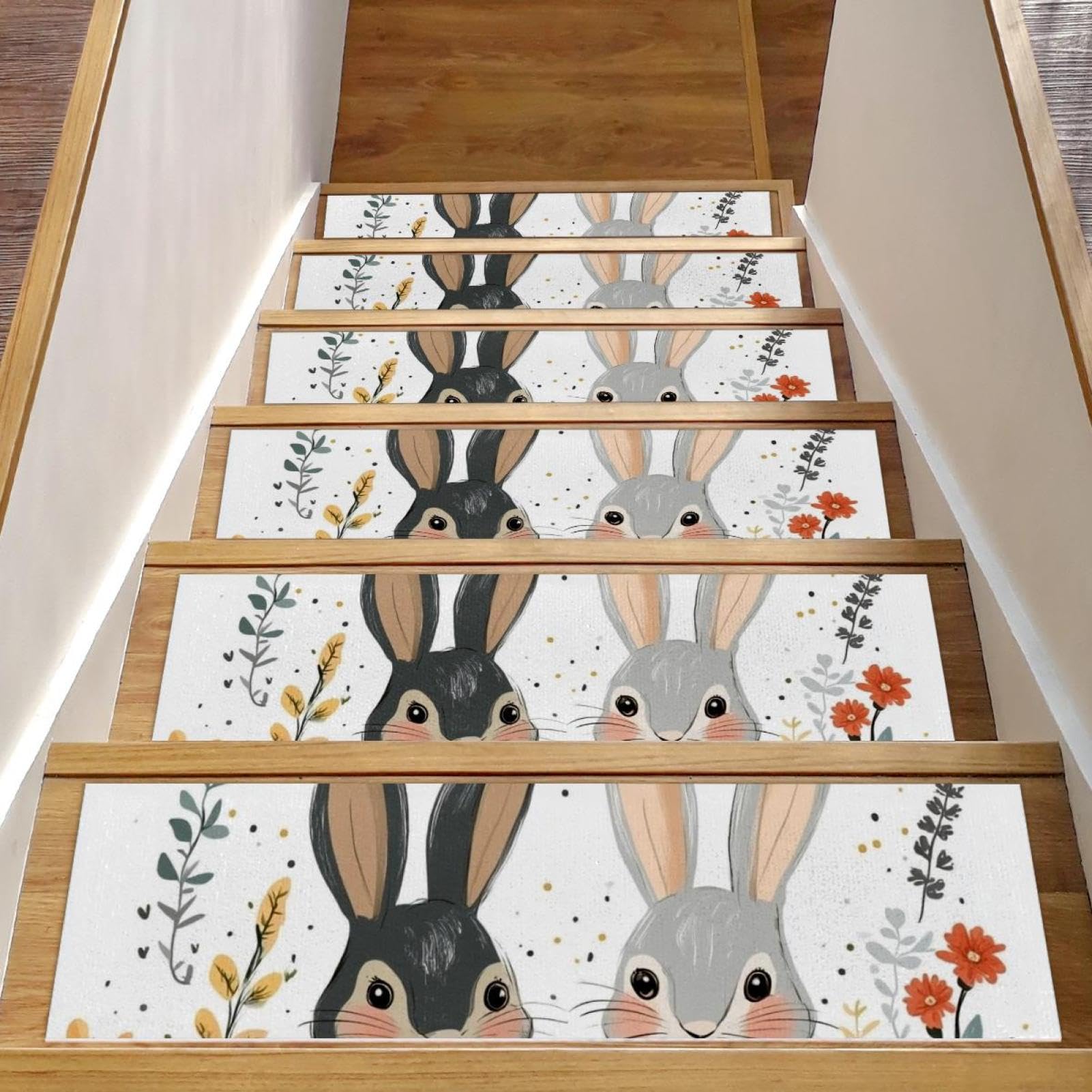 Tapis de marche d'escalier antidérapant 15 lapins fleurs pour marches en bois