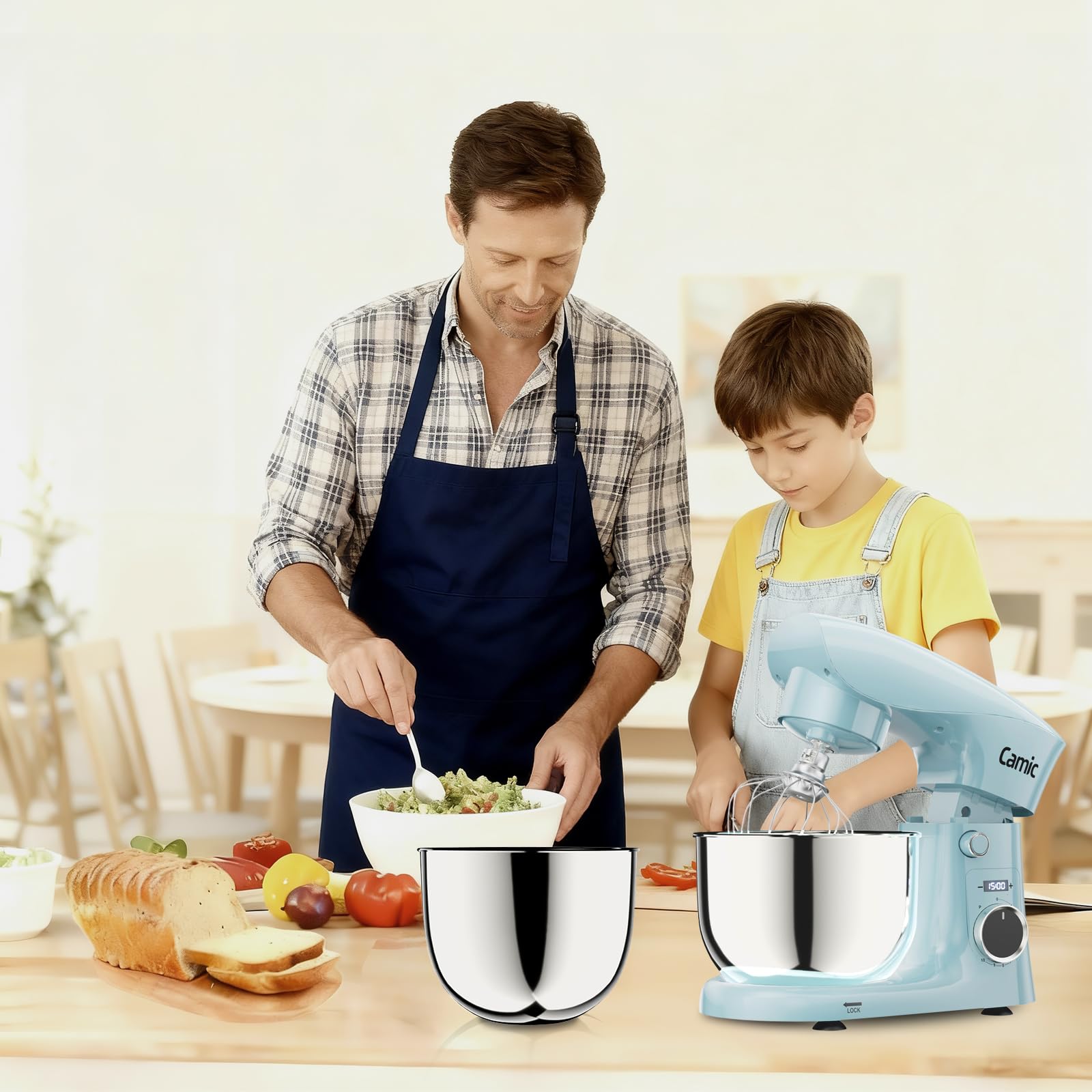 Camic Robot Pâtissier avec 3 Accessoires (Pétrissage, Mélange, Fouet), Robot Patissier avec écran LED, Minuterie, 10 Vitesses, 2 Bols en Acier Inoxydable (4 L + 5 L), pour Pâte, Pain, Pizza, Pâteaux