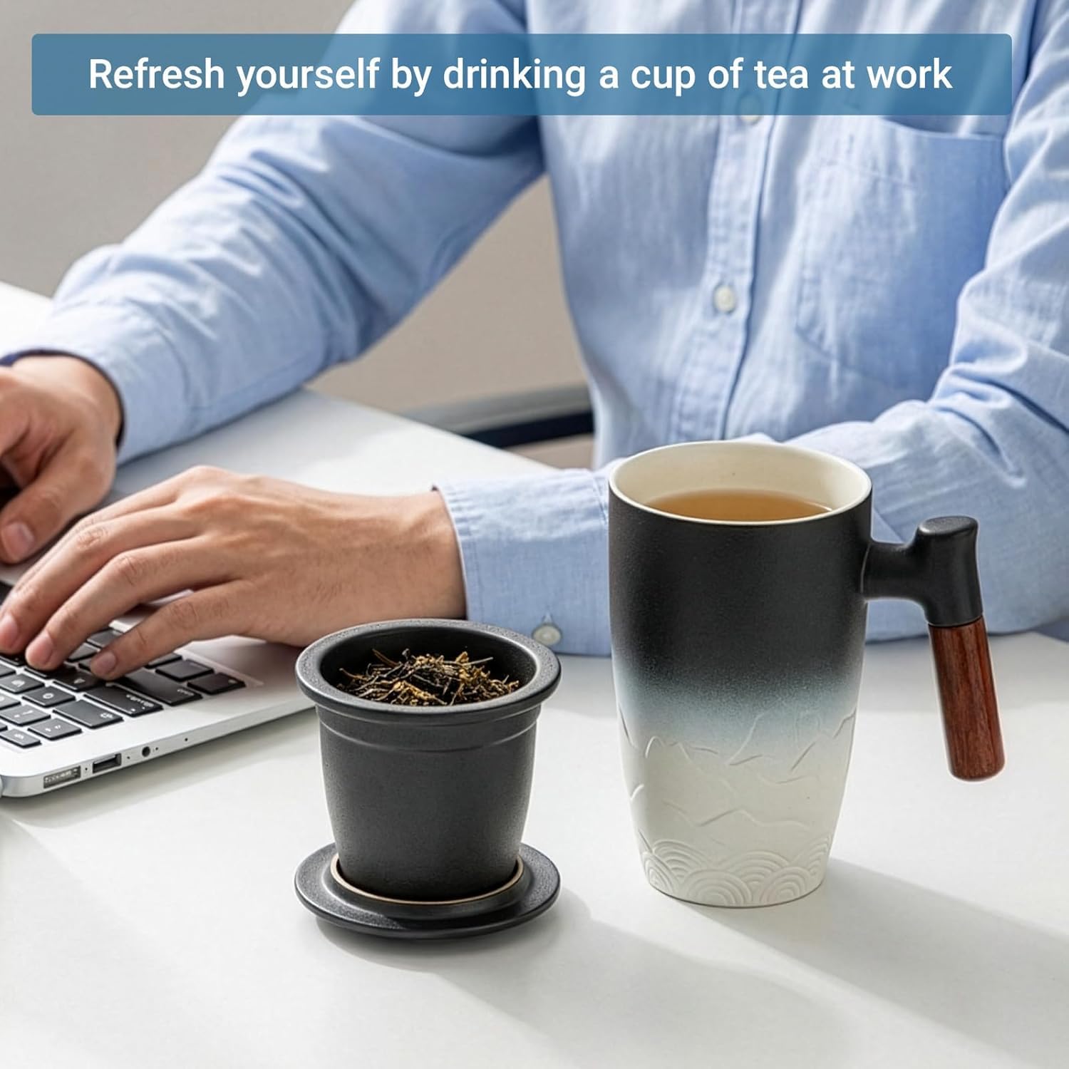 Tee-Ei aus Keramik mit Holzgriff und Deckel, stilvoller Steeper mit Filter, perfekt für Teeliebhaber, ideal für Zuhause und Büro