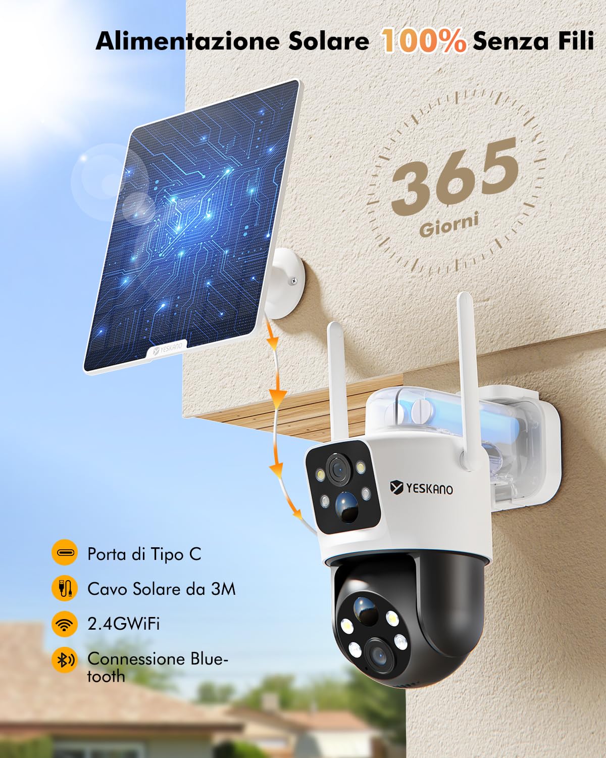 YESKANO Telecamera Wi-Fi Esterno, 6MP Videocamera Sorveglianza con pannello solare, PTZ Telecamera Wifi Esterno Senza Fili con Doppio Obiettivo e Doppio PIR a Batteria, 2.4GHz, IP66, Supporta Alexa