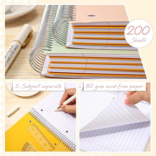 Miniatura 3 de Teling 6 cuadernos en espiral de 5 materias con rayas anchas de 8 x 10 12 pulgadas, 3 bolsillos divisores de agujeros, colores surtidos, línea fácil