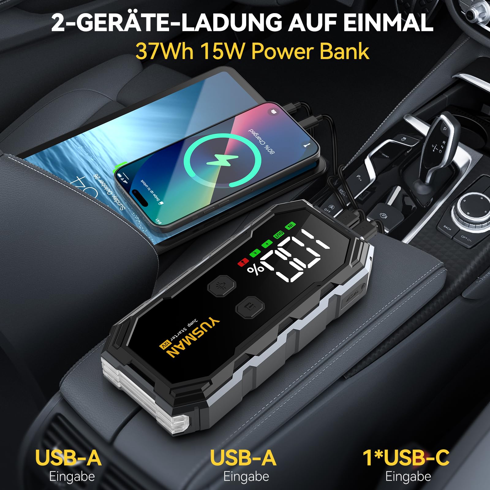 YUSMAN Starthilfe Powerbank für PKW | 8000A Autobatterie Booster für alle Fahrzeuge & 10.0L Diesel mit LED-Taschenlampe, Großdisplay & Springkabel – Ideal für SUV, Motorräder, Rasenmäher