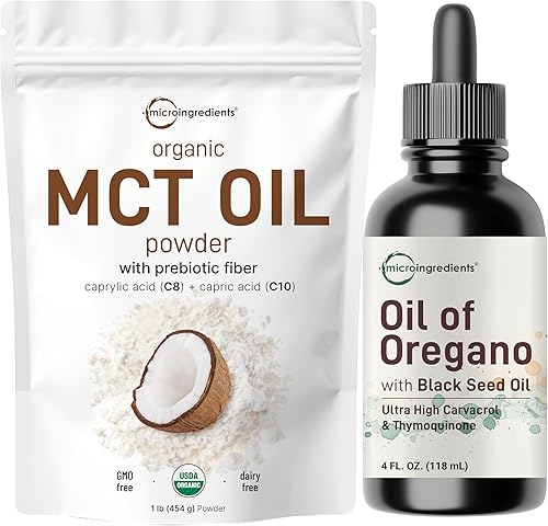 Micro Ingredients Aceite orgánico MCT en polvo con fibra prebiótica y aceite de orégano con gotas de semillas negras Paquete de 2 Combustible