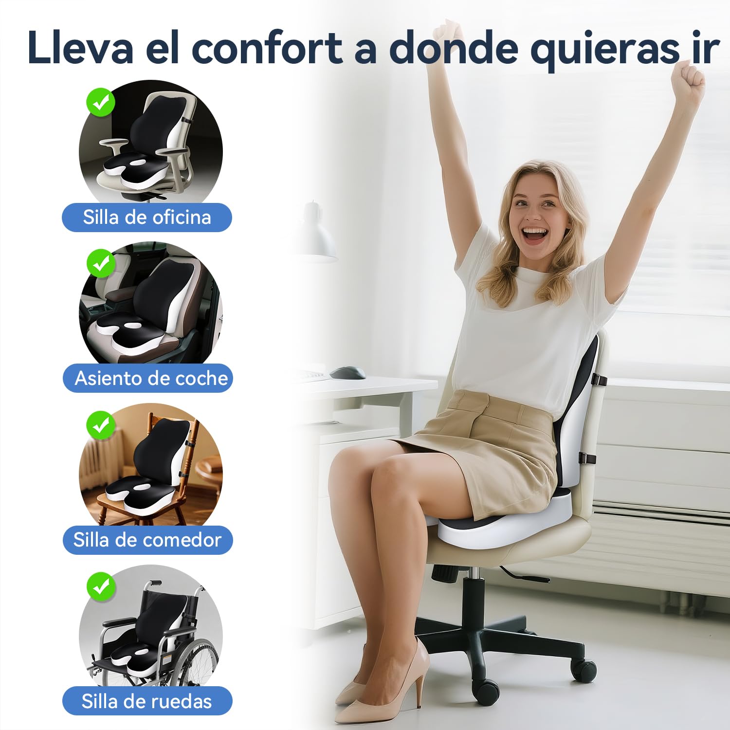 Travel Ease Set de Cojín de Asiento y Almohada Lumbar de Espuma Viscoelástica, Confort Ergonómico para Silla de Oficina, Coche, Uso Doméstico y Viajes, Soporte para Espalda y Glúteos, Negro
