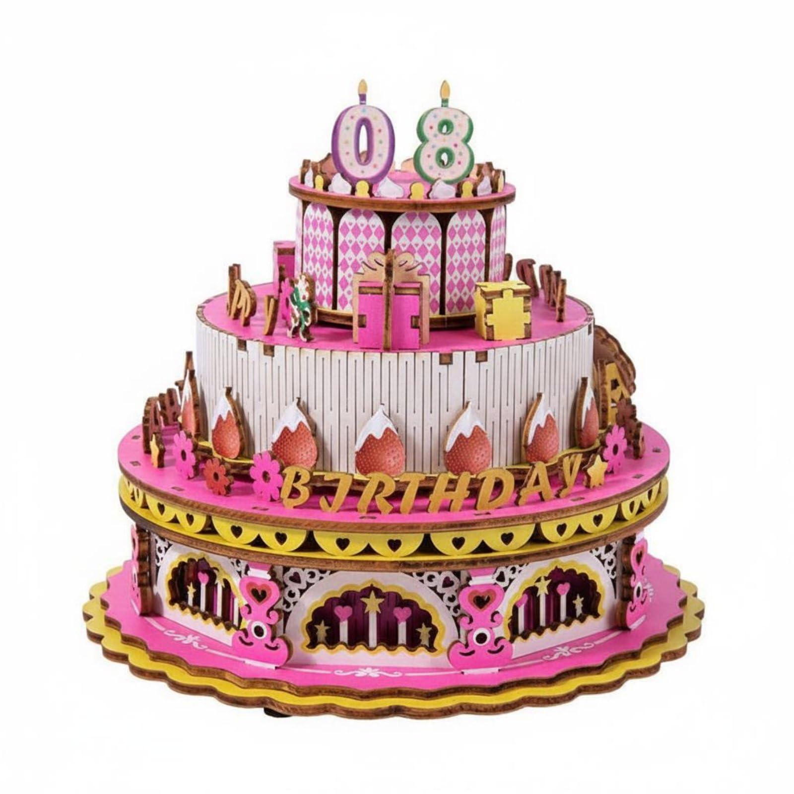 predolo Musikspieluhr Kinderpuzzle Holzkuchen 3D Bausatz Geburtstag Drehendes Puzzle Modell Kreatives Zusammenbau Spielzeug mit Sammelcharakter für Kindergeburtstag Kinderzimmer Geschenk, Pink