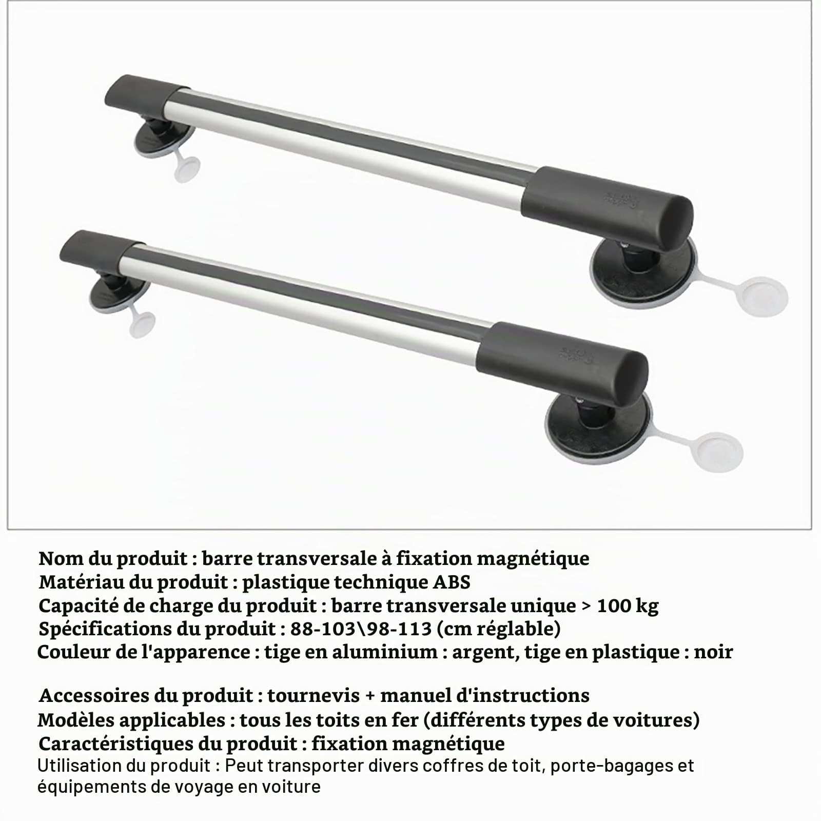 Barres De Toit Universelles (Fixes MagnéTiques), DiamèTre De La Ventouse (10 Cm), Barres Transversales RéGlables, Charge De Barre Transversale Unique > 100 Kg,113cm