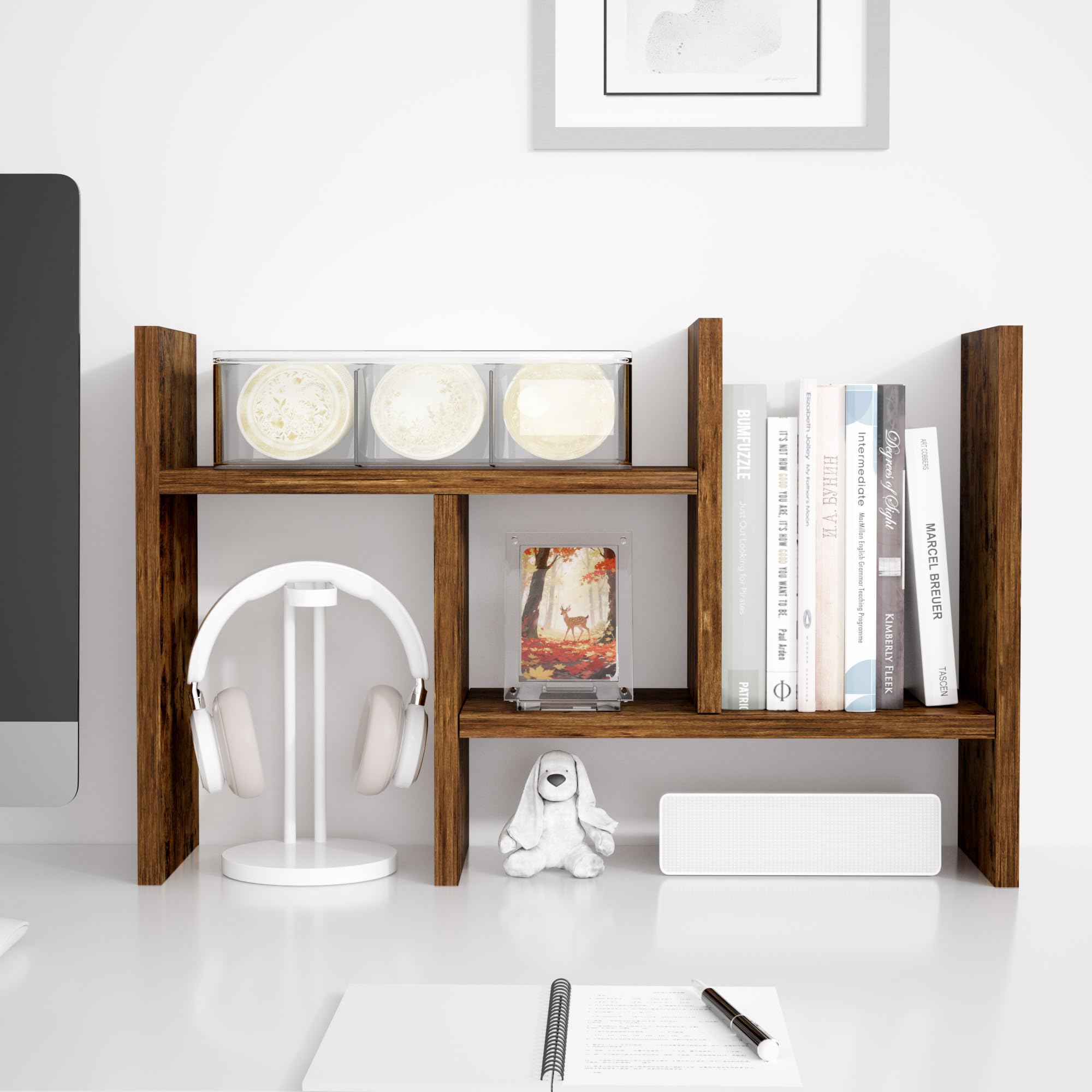 Jerry & Maggie Organizer da scrivania per ufficio, scaffale regolabile in legno, stile libero, doppia H, vero supporto naturale, tono legno naturale