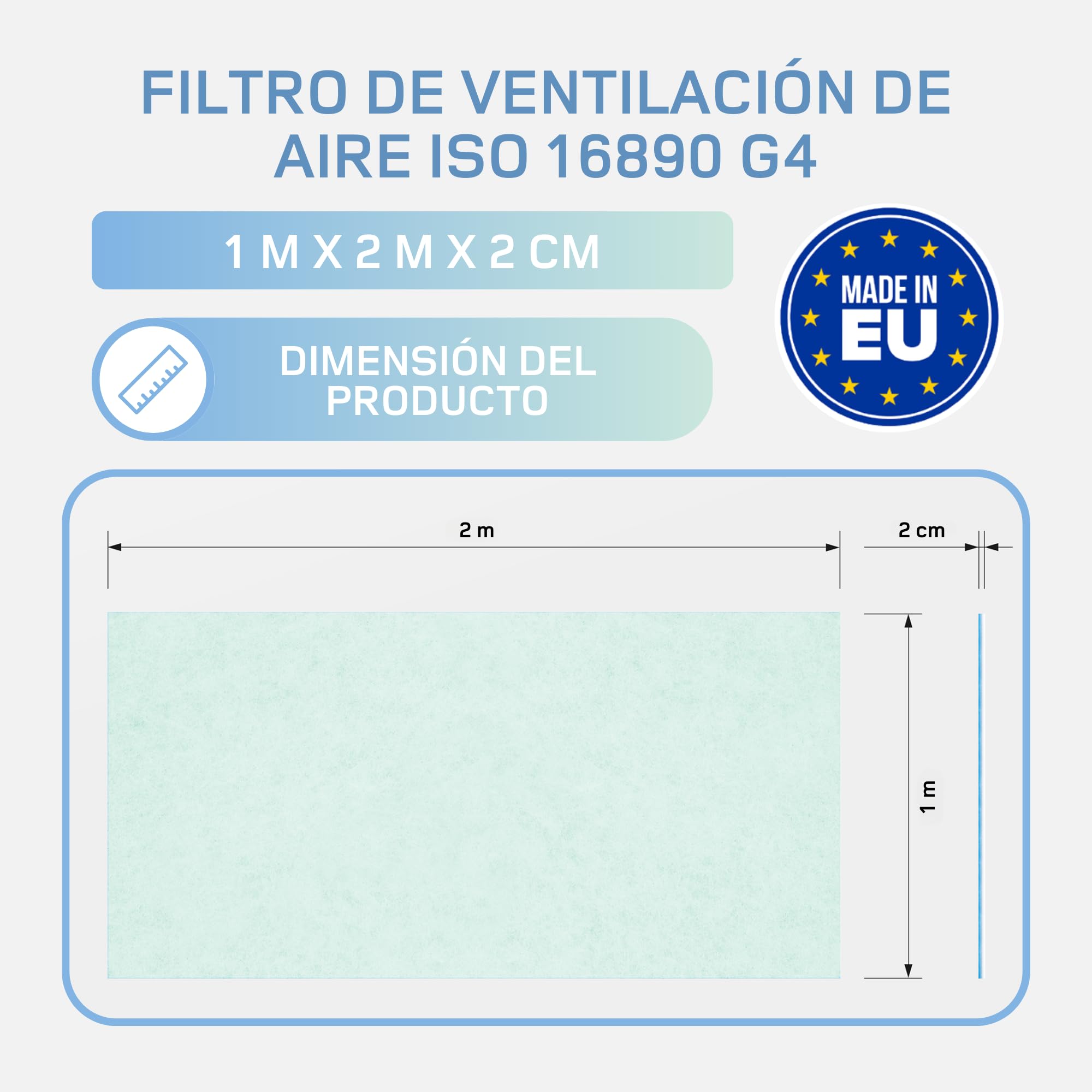 Filtro para Campana Extractora 1 * 2 m, estera filtrante G4 recortable, Filtro de Aire Universal, Filtro vellón Ventilación, Filtro Ventilador, Made in EU