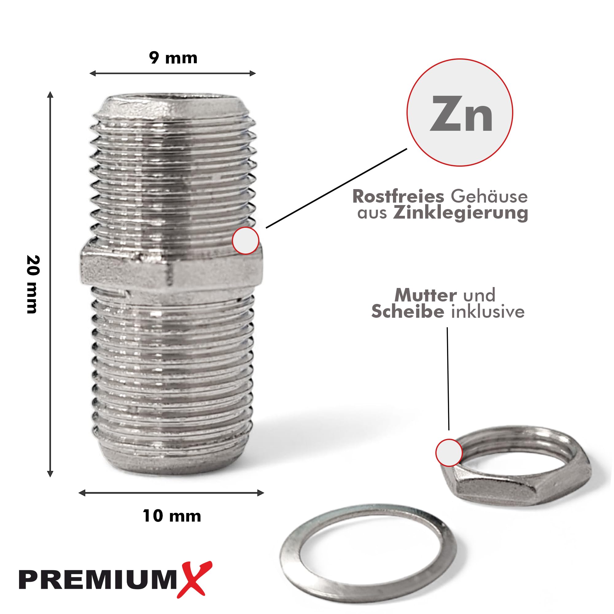 Premium X 10 connettori F – accoppiamento satellitare in lega di zinco, connettore F, adattatore versatile per cavo coassiale, cavo antenna SAT, impianti BK, ideale per trasmissione del segnale con