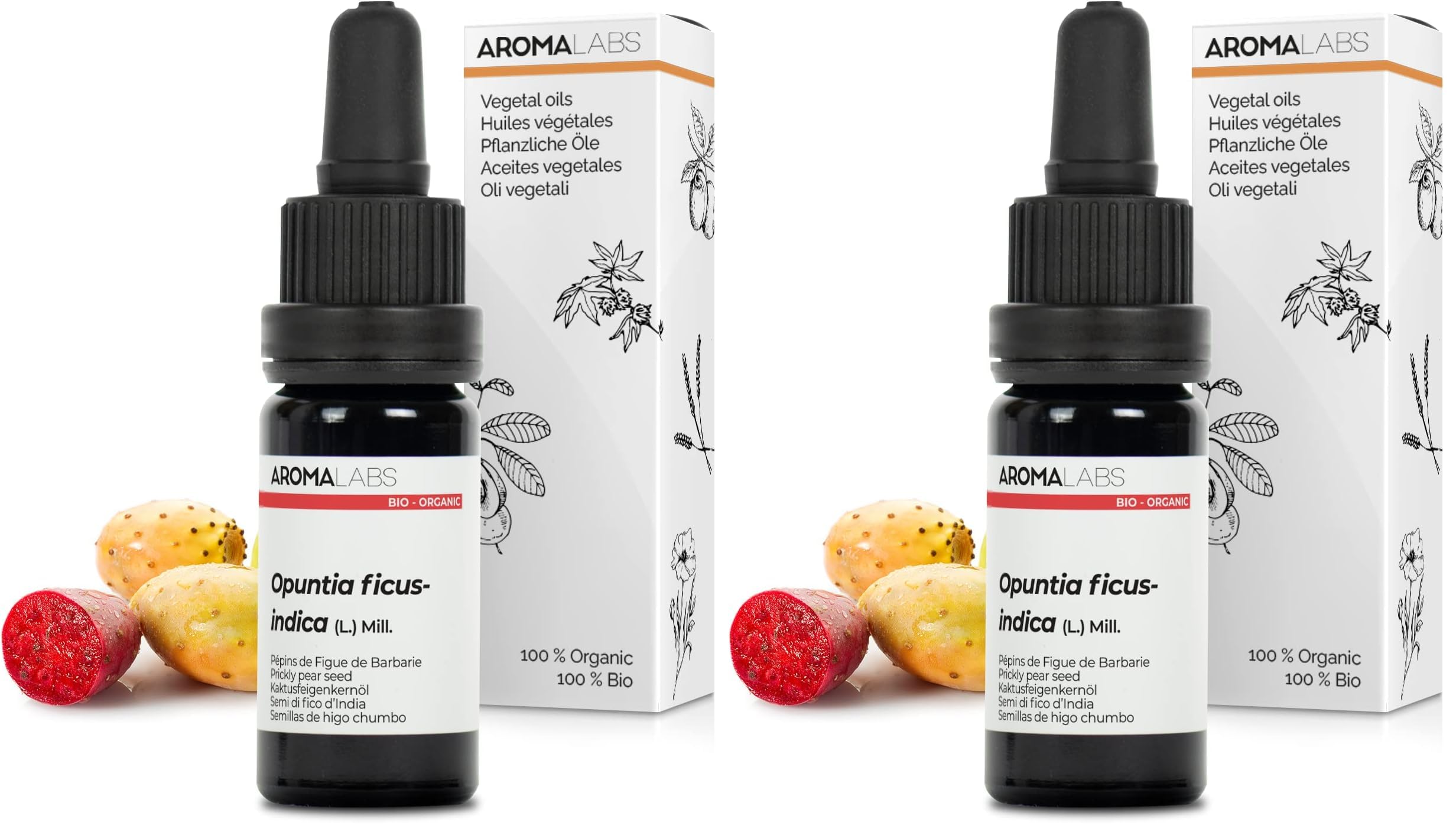 BIO - Huile végétale PÉPINS DE FIGUE DE BARBARIE - 10mL - 100% Pure, Naturelle, Pressée à froid et Certifiée Cosmos - AROMA LABS (Marque Française) (Lot de 2)