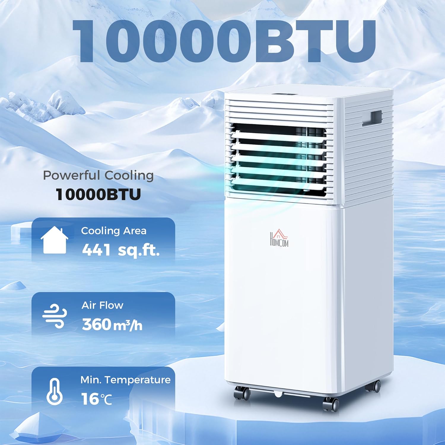 HOMCOM 10000 BTU Mobile Portable Air Conditioner for Rooms Up to 441 Sq.Ft., 4-in-1 AC Unit with Cooling, Dehumidifier, Fan, Sleep Mode, Remote, 24H Timer, LED Display, Window Installation Kit, White