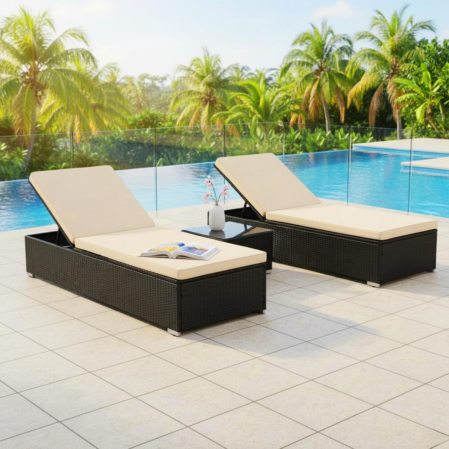 Outdoor Lounge Chairs Set of 2 Thick Cushions & Matching Table, Patio Rattan Furniture Sets for Pool Side, Balcony, Beach (Black & Cream)-image-9