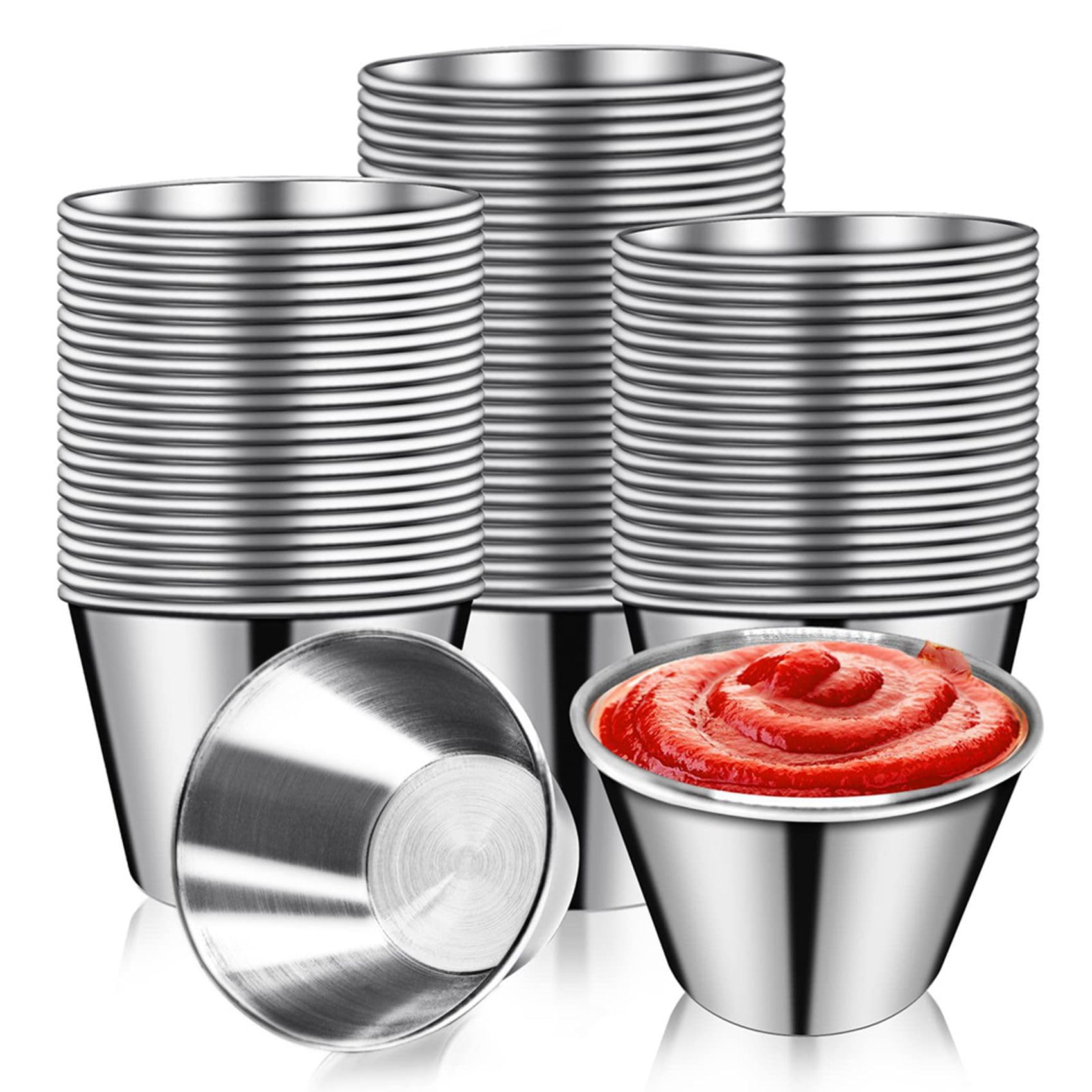 100 Pezzi Tazze per Salsa in Metallo 2,5oz Ramechini, Tazze per Salsa in Acciaio Contenitore per Condimenti in Metallo Riutilizzabile